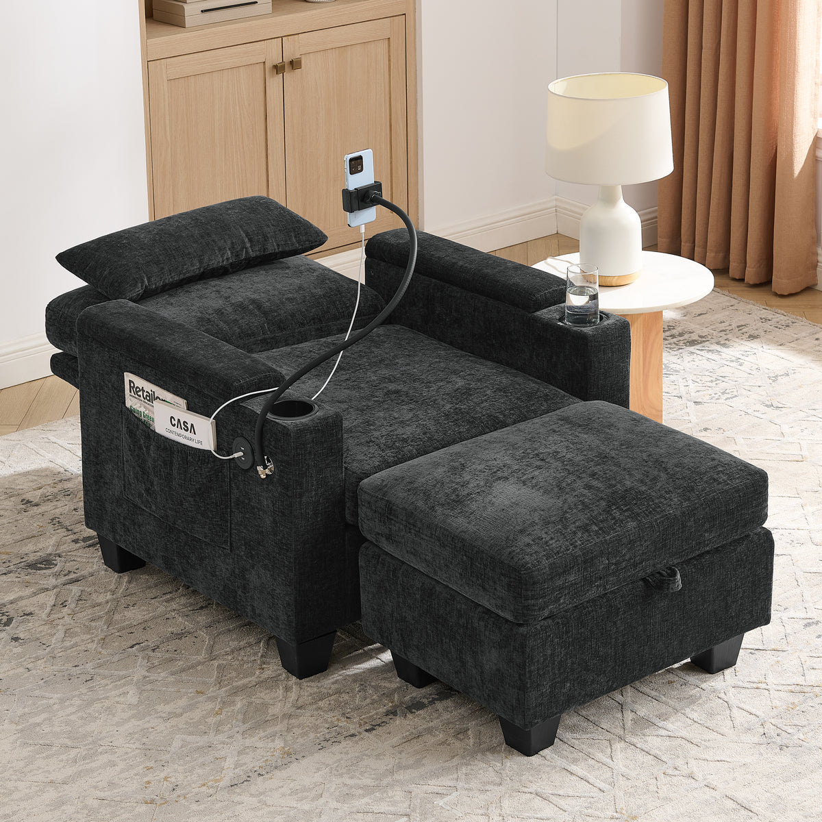Single Sofa Recliner With Manually Adjustable Backrest, USB Charging Port On The Armrest Side, Phone Stand Included, Hidden Armrest Storage, And A Matching Storage Ottoman-Black