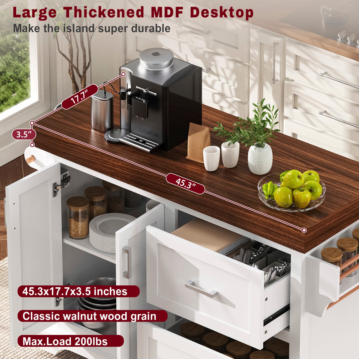 K&K 53 Large Kitchen Island With 3.5 Thick Desktop, Spice And Towel Racks, Rolling Kitchen Island With Storage On 5 Wheels, 2 Extra Large Drawers, For Home, Kitchen, Dining Room, White