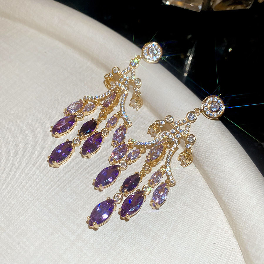 Korean Versatile Crystal Earrings For Women Purple Flower Rhinestone Luxury