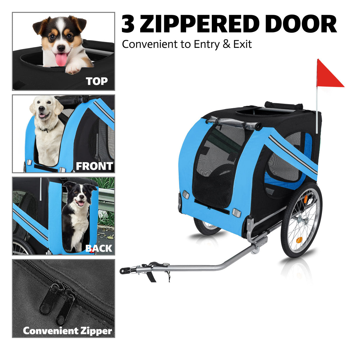 Large Folding Bike Trailer For Dogs - 100LB Capacity All-Terrain Pet Carrier, Durable Steel Frame For Cycling, Jogging, Camping & Outdoor Adventures, Black- Blue