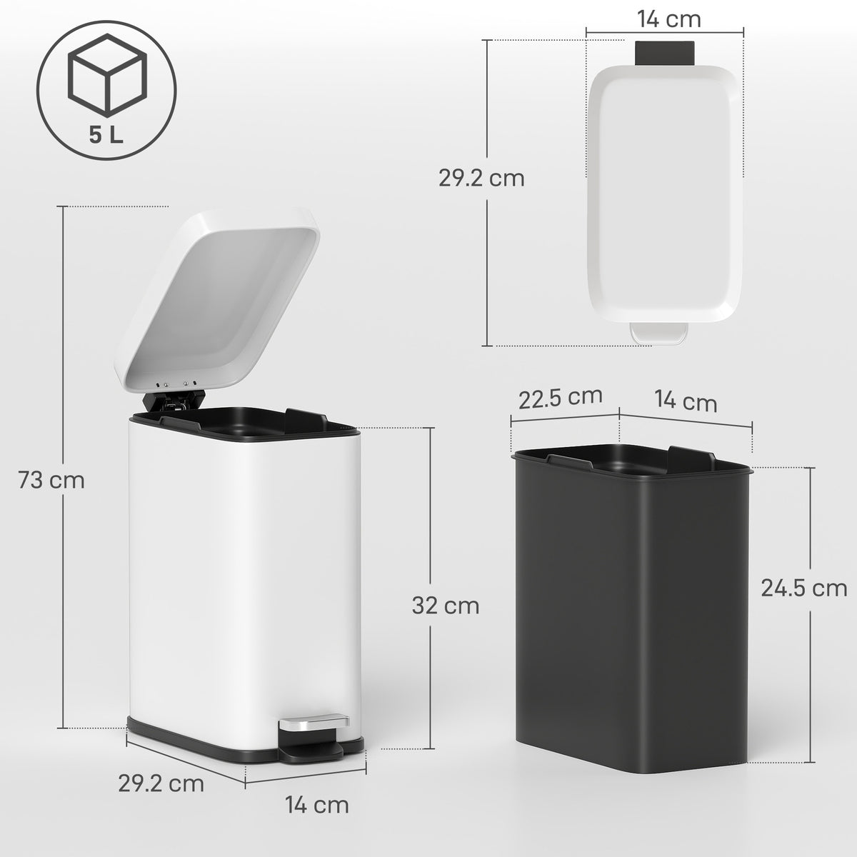 5L Rectangular Compact Bin Steel Body Removable Bucket Quiet-Close Lid W/ Pedal Lid Rubbish Trash Can Home Office Bedroom Bathroom Living Room Garbage Tidy Clean White