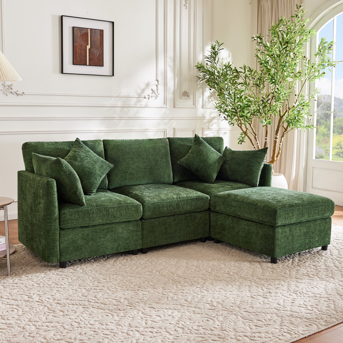 L-shaped Corner Sofa, Convertible To 3-seater, Modular Design, With Movable Footstool And 4 Chenille Cushions, Ideal For Living Room, Apartment And Office, Green, With Video
