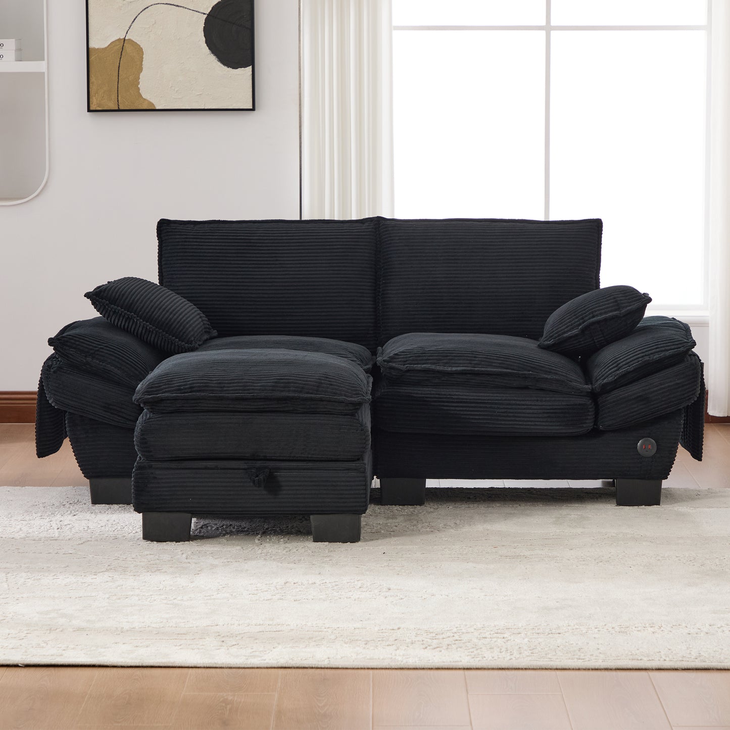 Modular 2-seater Corduroy Sofa With Stool Wide Seat, Ergonomic Design, High-density Foam Padding, USB-C Port And Side Pockets. Ideal For Living Room, Office Or Lounge. Black