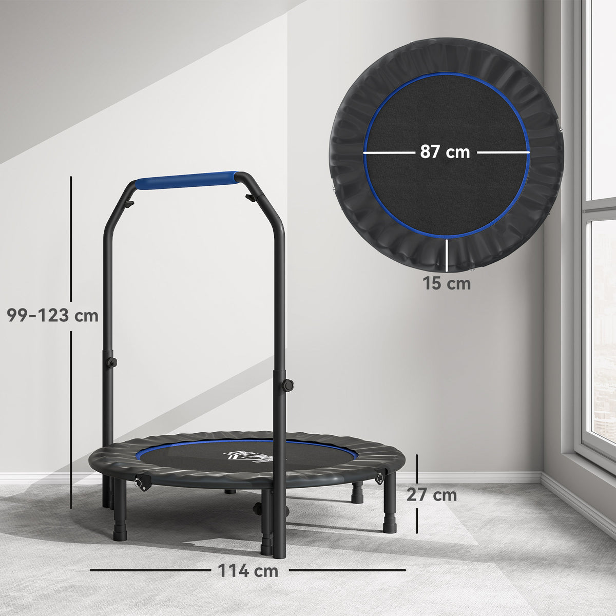 45" Foldable Mini Fitness Trampoline, With Adjustable Foam Handle, Blue