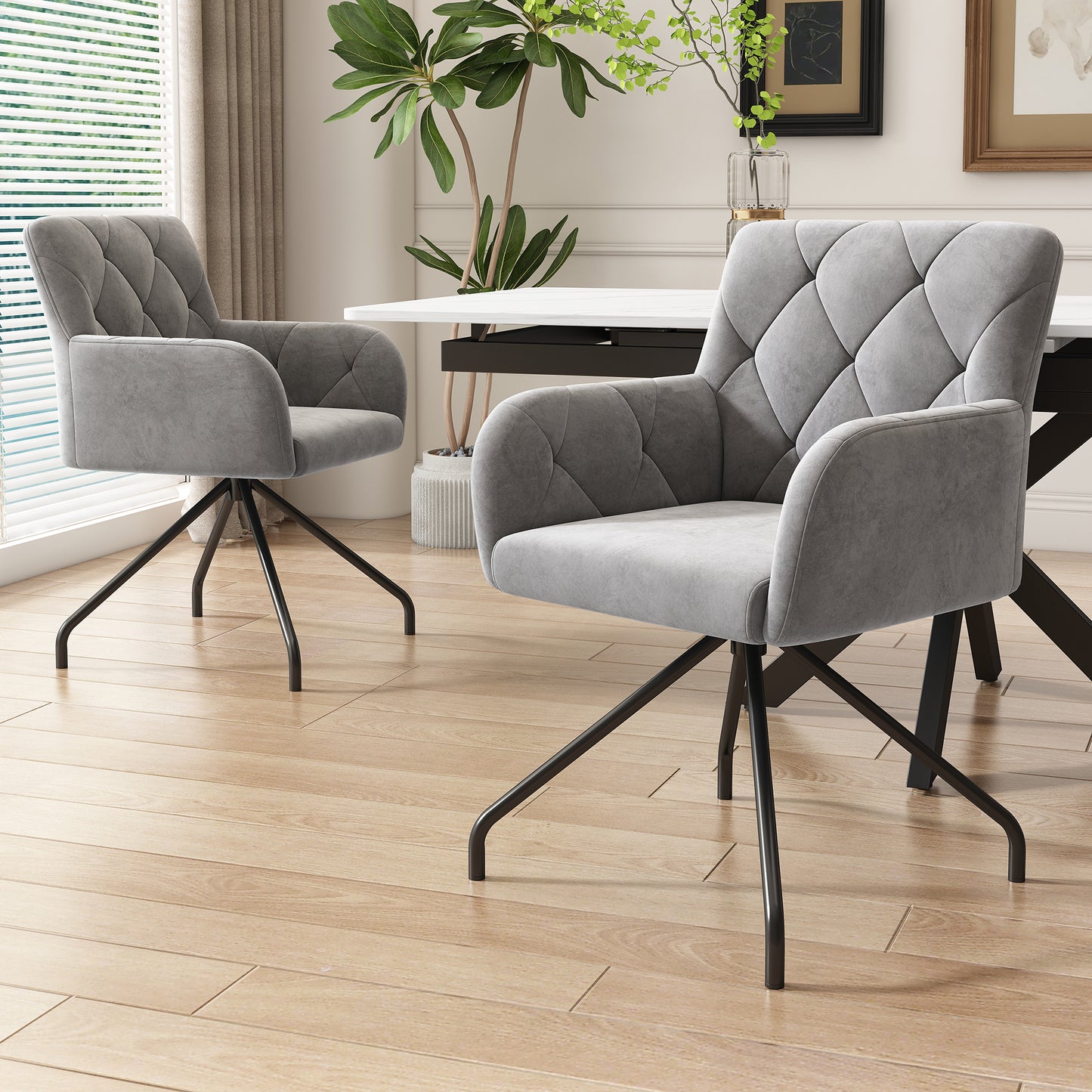 Set Of 4 Diamond Dining Chairs,Upholstered Armchair With 4 Metal Legs,Modern Lounge Chair,Living Room Chair For Bedroom,Study And Desk,Lumbar Support,Velvet,Light Grey