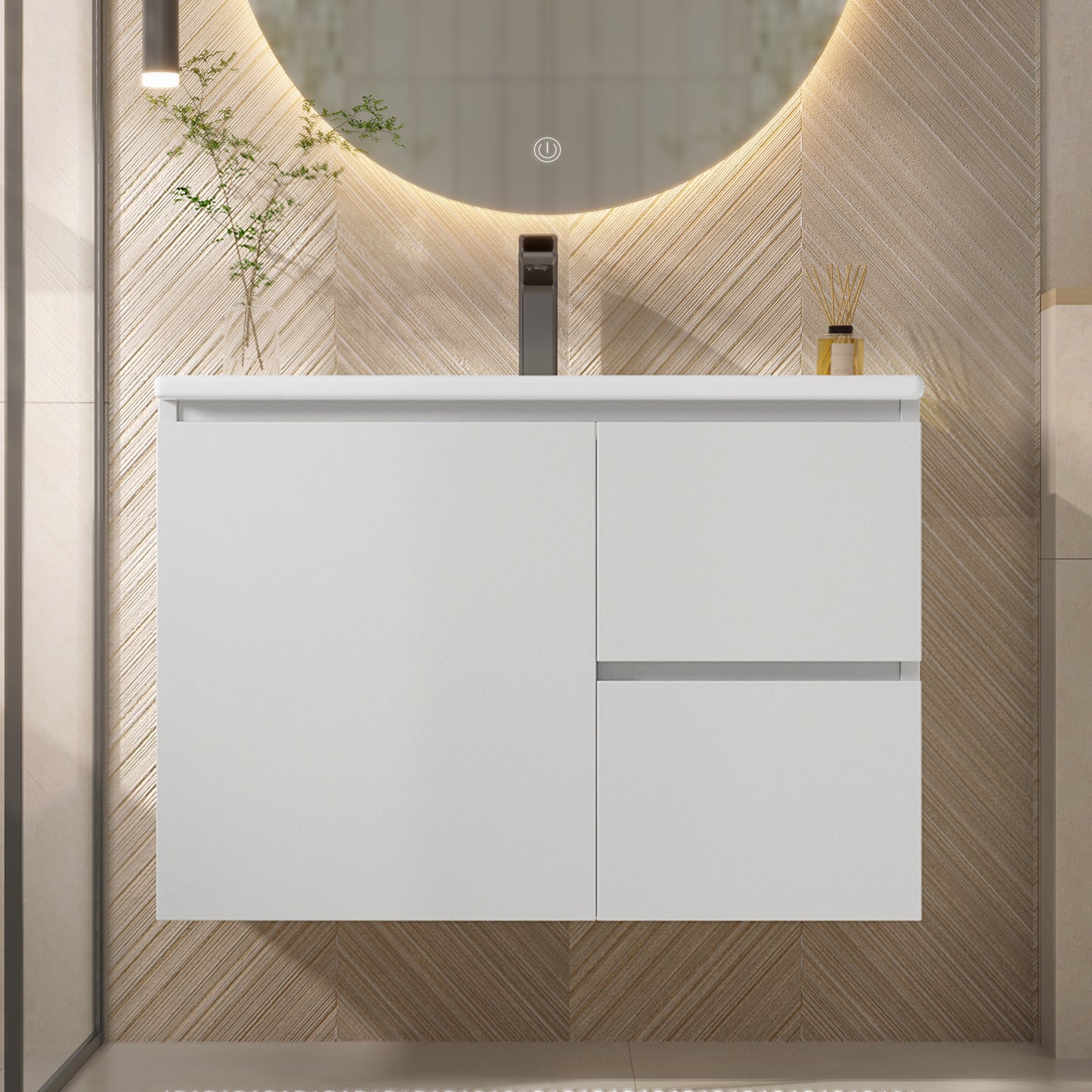 76x46x50cm Wall-hung Bathroom Cabinet, Full Lacquer, LED Radar Sensor Lighting, Washbasin, Two Drawers, Quiet Sliding Rails, Left And Right Shelf, Integrated Washbasin, White