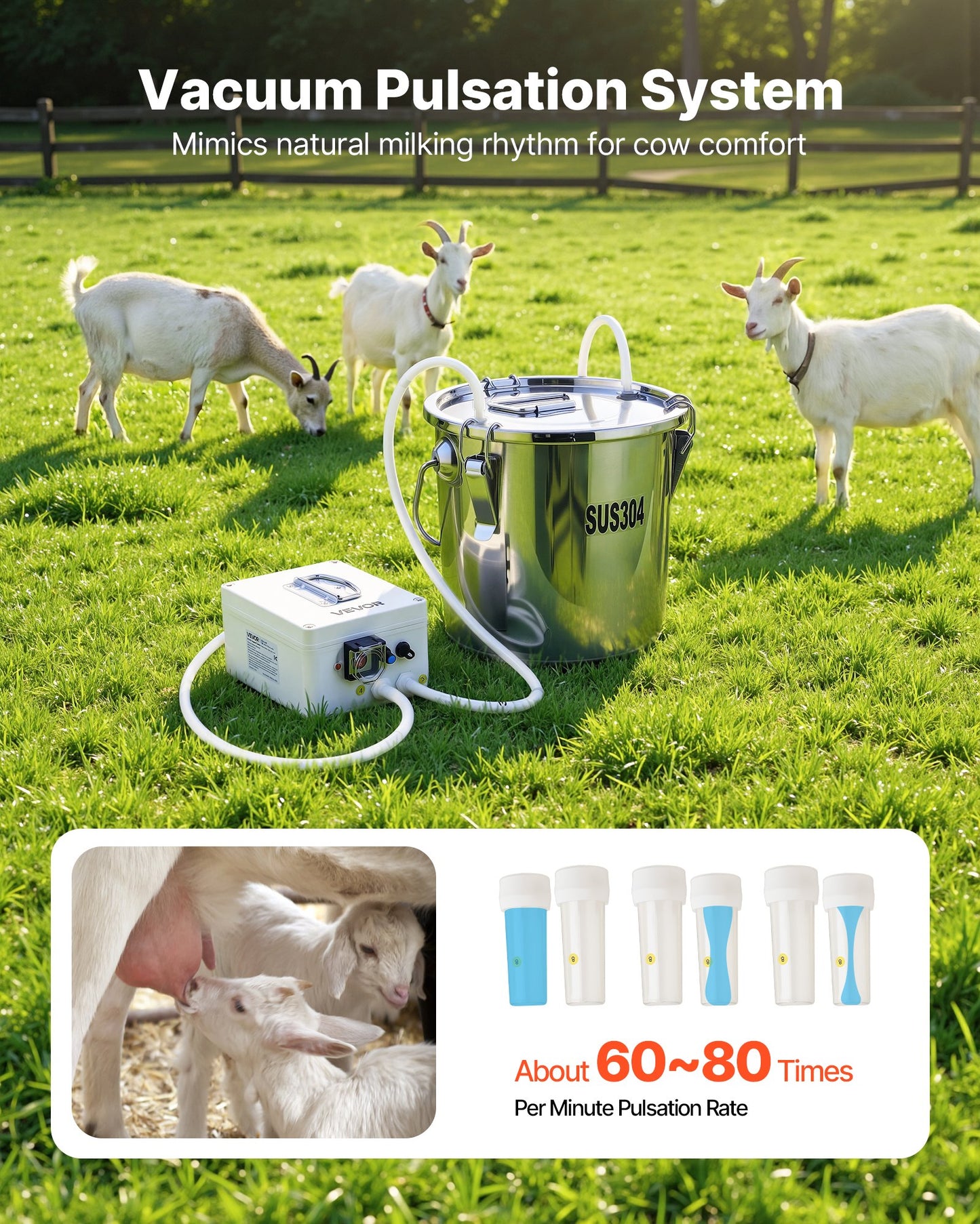 Goat Milking Machine, 0.8 Gal Food-Grade Stainless Steel Bucket, With 5200 MAh Rechargeable Battery, 2 Teat Cups, Cordless Portable Pulsation Vaccum Electric Milking Machine For Goats Only