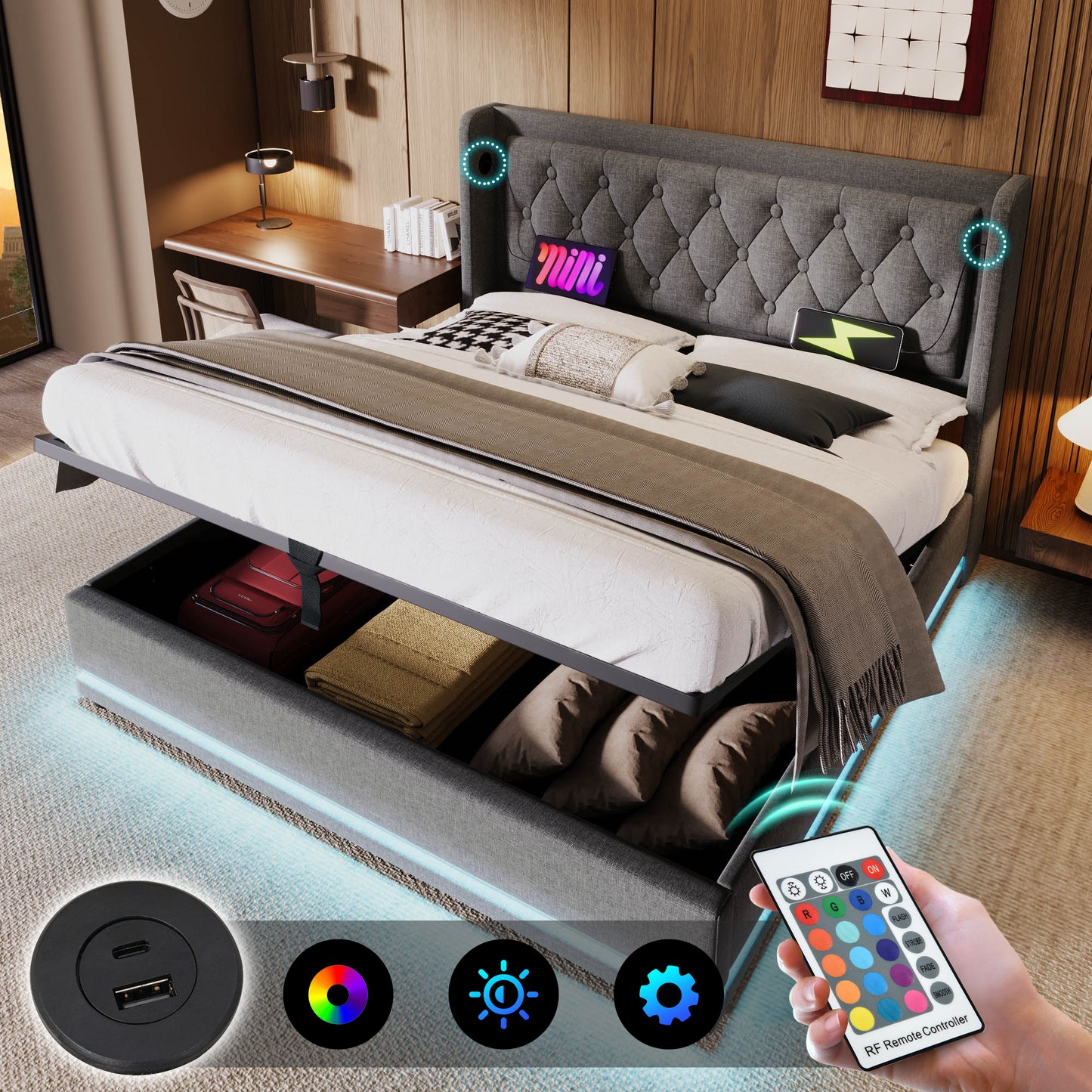 Upholstered Bed Double Bed 180x200 Cm, Grey Cotton Material Hydraulic Storage Bed, Upholstered Headboard With USB Type-C Charging Function, 3-Sided LED Function Without Mattress