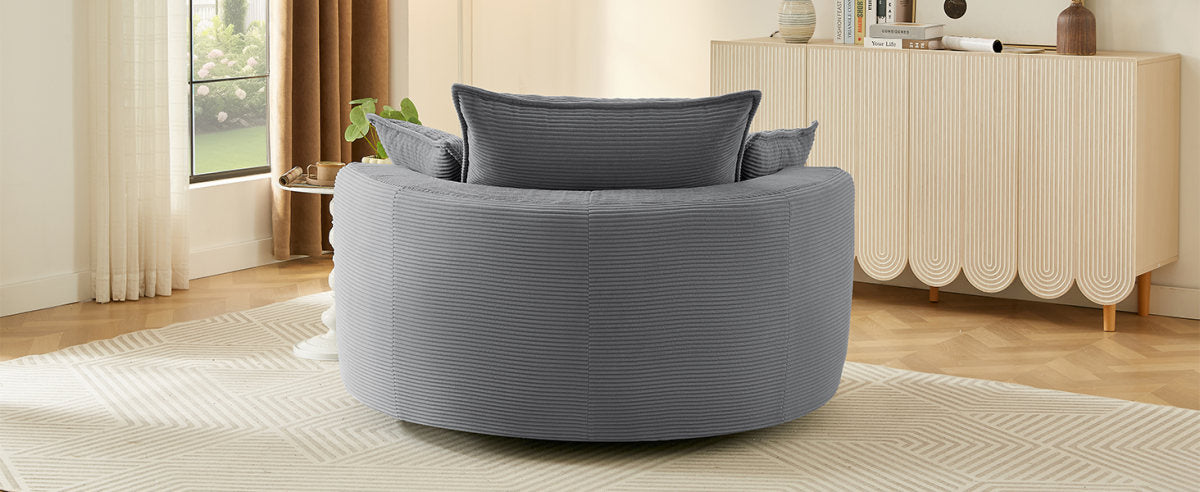 360° Swivel Sofa Chair Accent Barrel Chair 57.5" Swivel Round Chair with Dual-layer Cushion Design and 3 Removable Pillows for Living Room, Bedroom, Office and Hotel, Grey