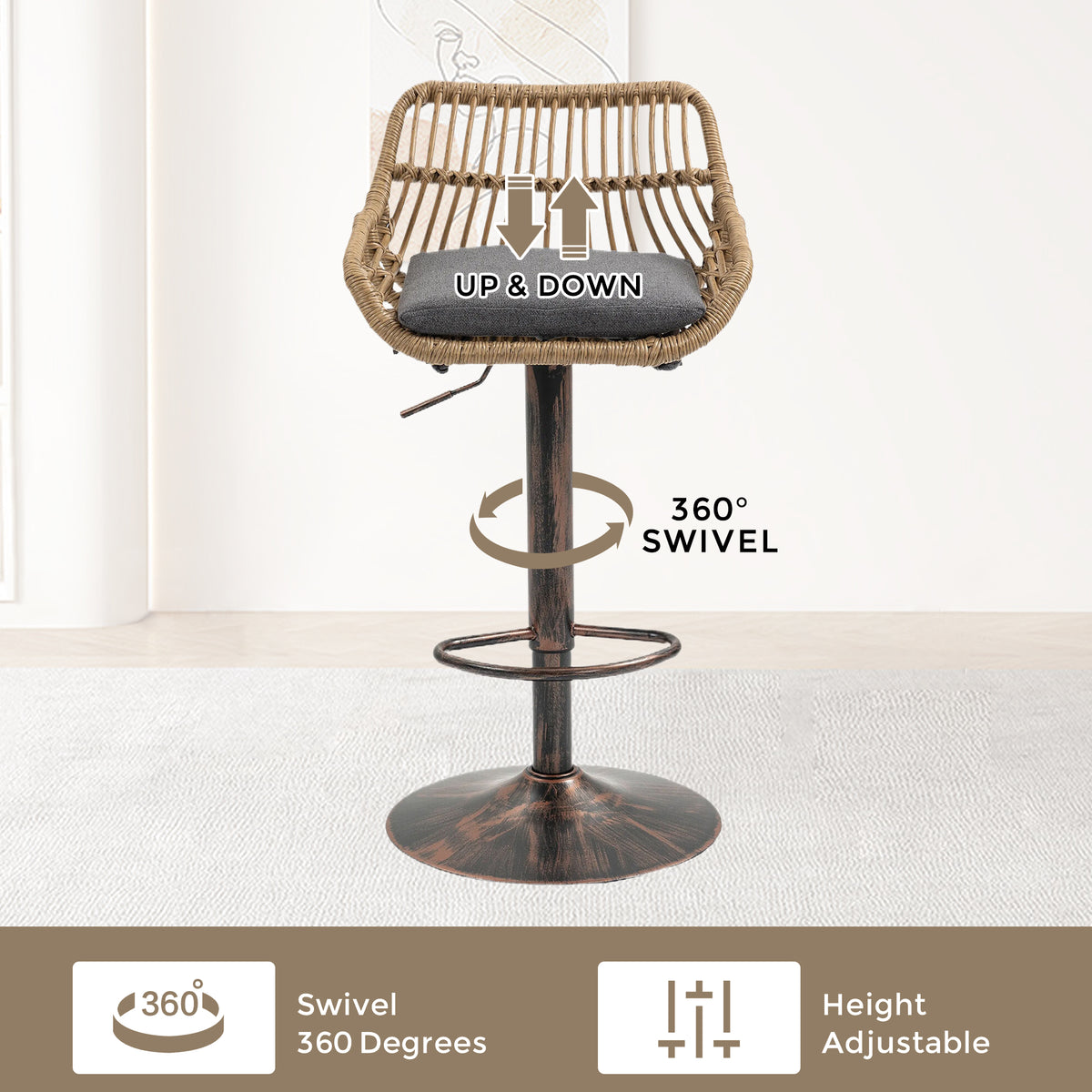 Modern Swivel Bar Stools Set Of 2 Adjustable Counter Height Chairs With Footrest For Kitchen, Dining Room Gray