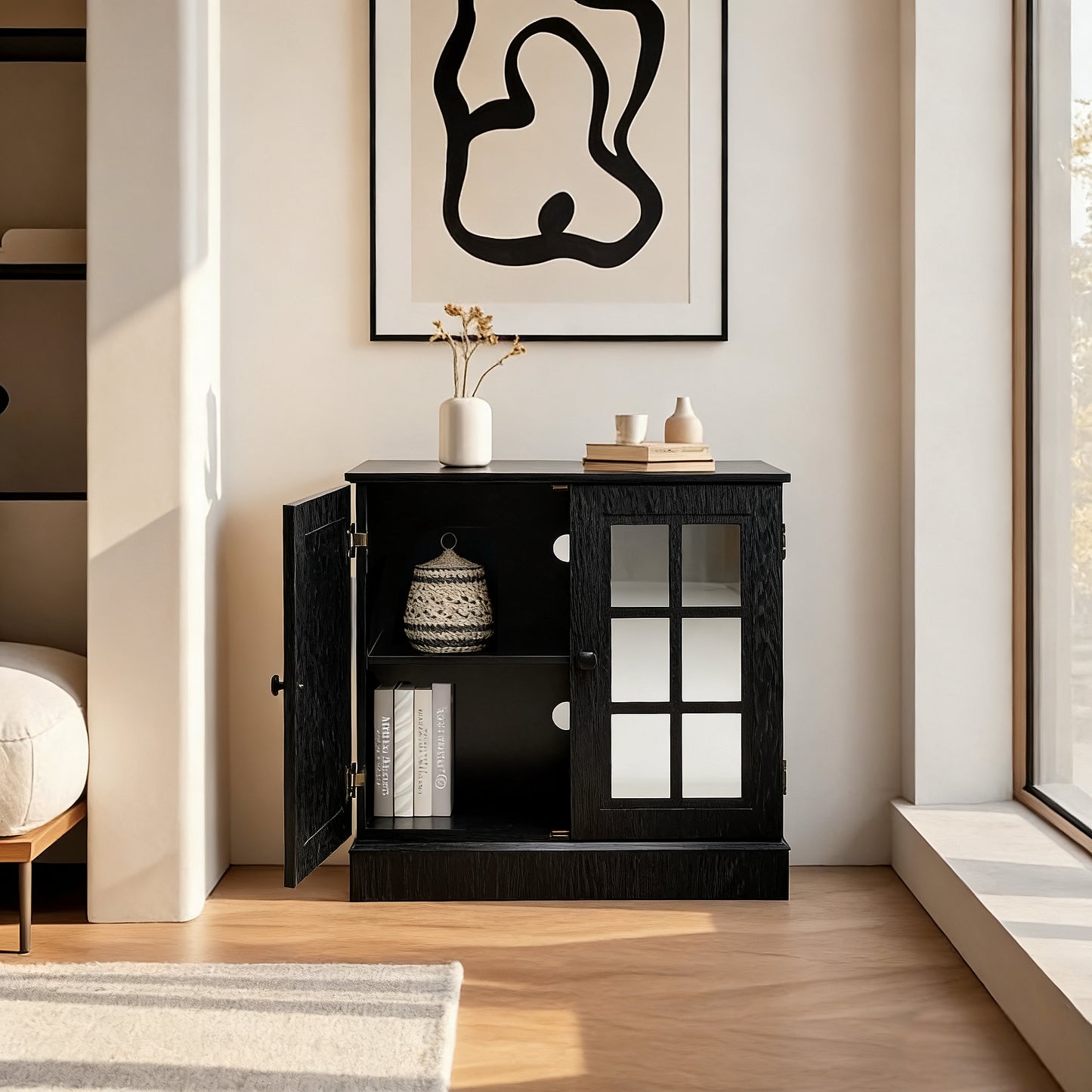 Storage Sideboard Cabinet With 2 Decorative Acrylic Mirrored Doors, Adjustable Shelf For Dining Room, Living Room, Kitchen, Metal Handles, MDF With Black 3D Wood Grain Foil Paper Finish