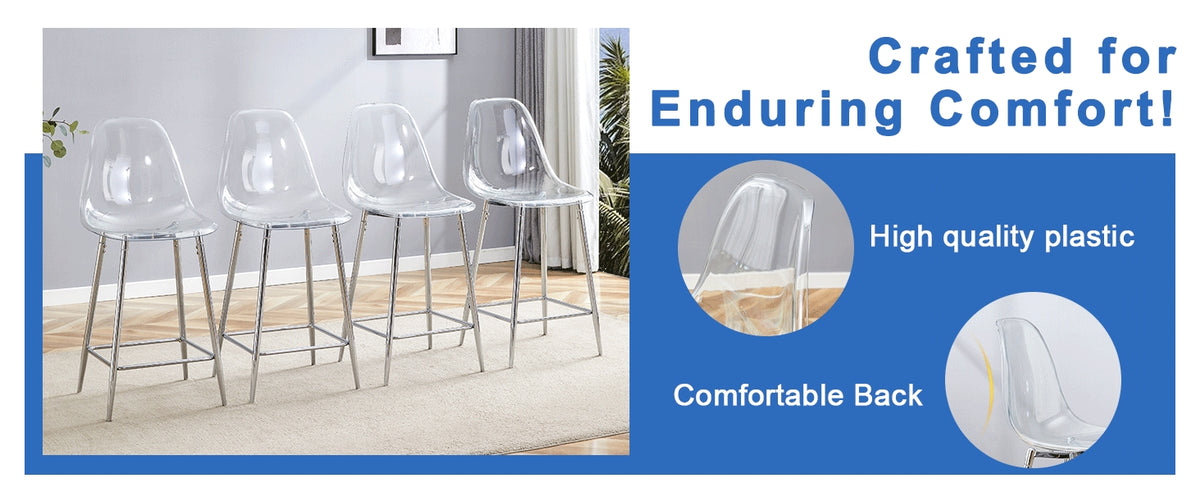 Transparent Bar Stool Set, Pack Of 4, With Metal Frame In Silver Gold Black, Modern Design Chairs For Kitchen, Bar Or Dining Room Chairs Only, Without Table