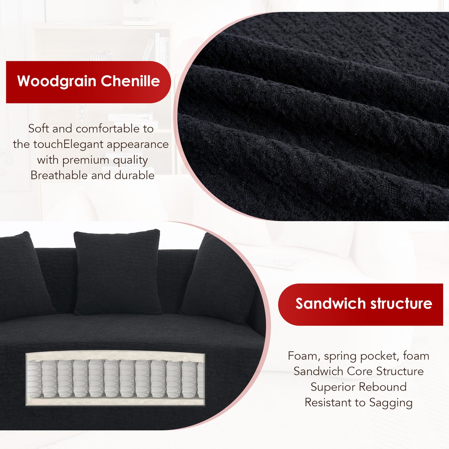 LY-049S Curved Modern Boneless Sofa Loveseat Backrest Upgrade 2-Seater Black Chenille Compression Couch With 3 Pillows Minimalist Modular Couches For Living Room Office Apartment Guest Room