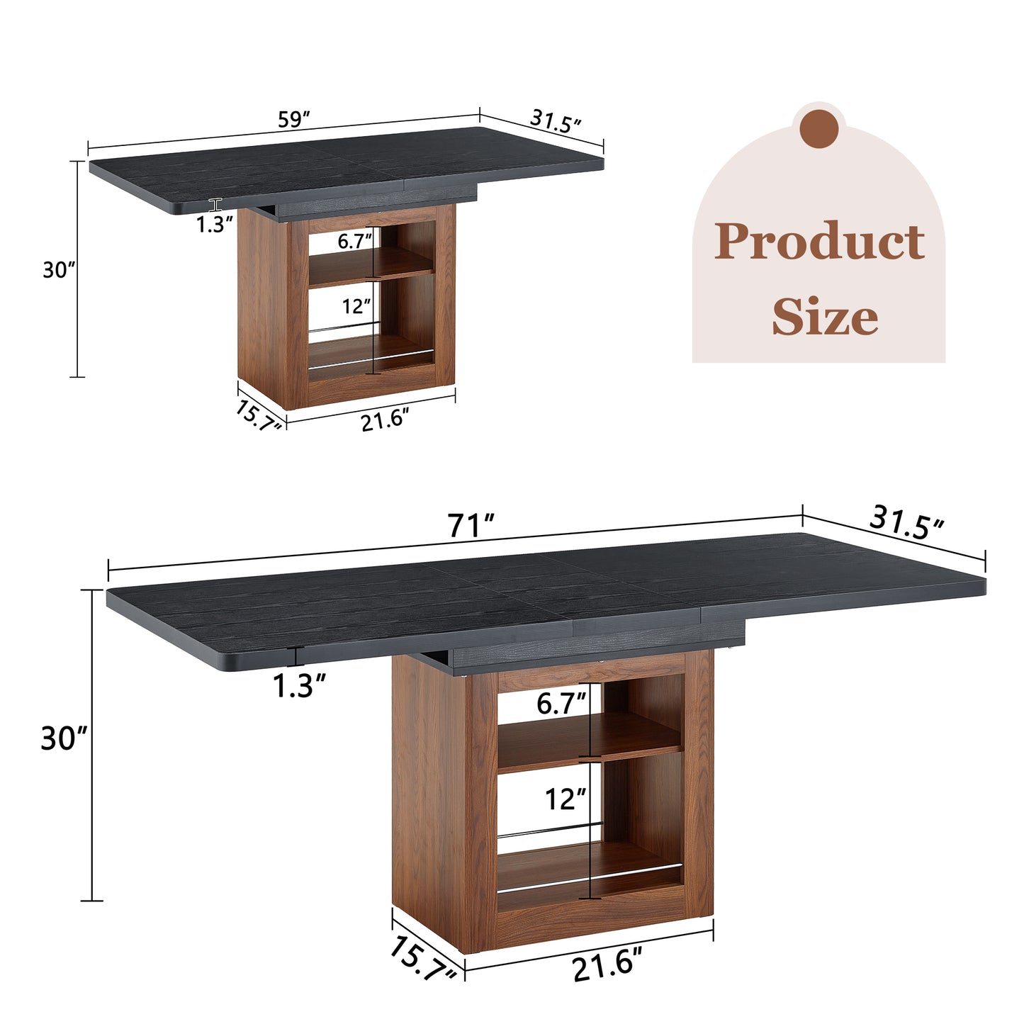 An Expandable Dining Table With Storage Space And A 59 Inch To 71 Inch Expandable Kitchen Dining Table. Black Rectangular Pull Table With Sturdy MDF Frame In Walnut Color, Accommodating 4-8 People.