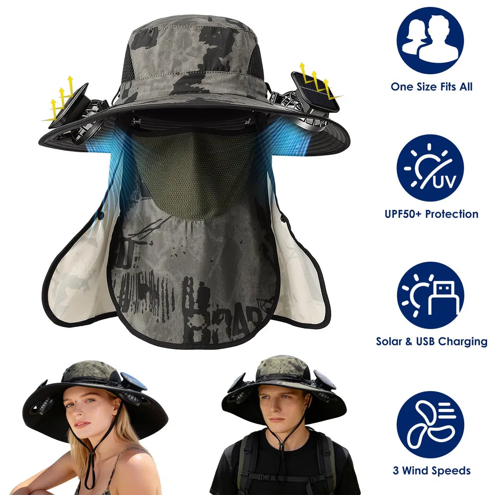 2 In 1 Solar Fan Hat UPF50 & Sun Hat With Fans Wide Brim Fishing Hat With Face Cover Neck Flap Solar USB Charging For Hiking Gardening Outdoor Work