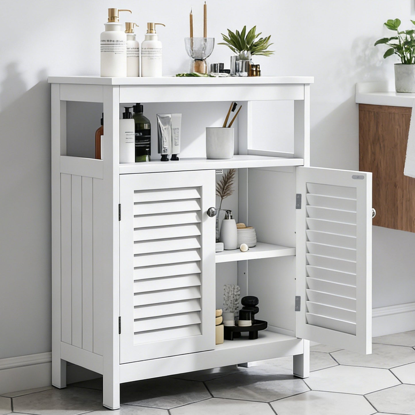 Bathroom Storage Cabinet White Water Proof Wooden Freestanding Cabinet With Removable Shelf Shutter Doors For Home Hotel White