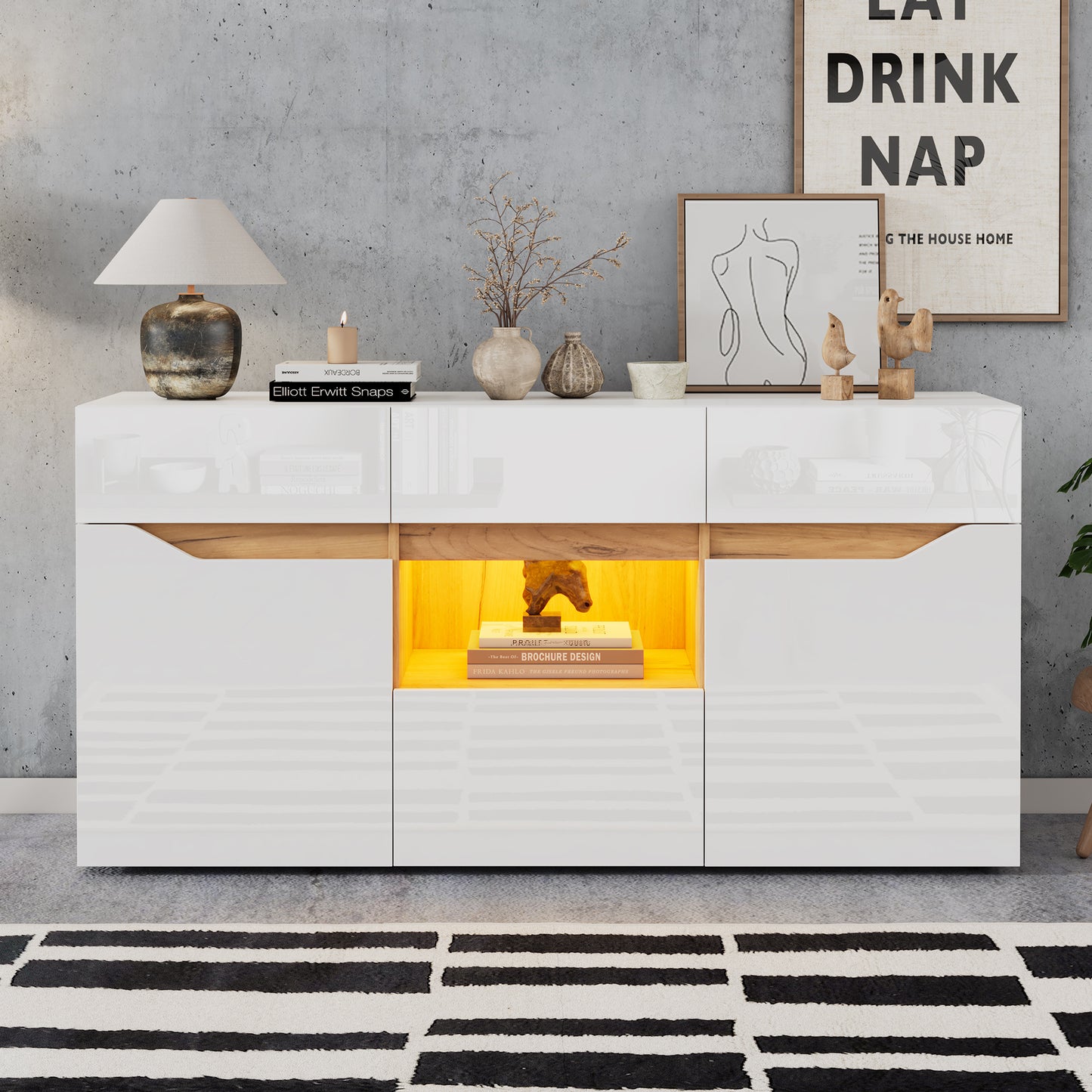 140x40x70 Cm Living Room Sideboard 4 Drawers, Two Compartments, Wide Handle-Free Design, Versatile Use, High-Gloss Unit With LED Lighting White & Wood Finish