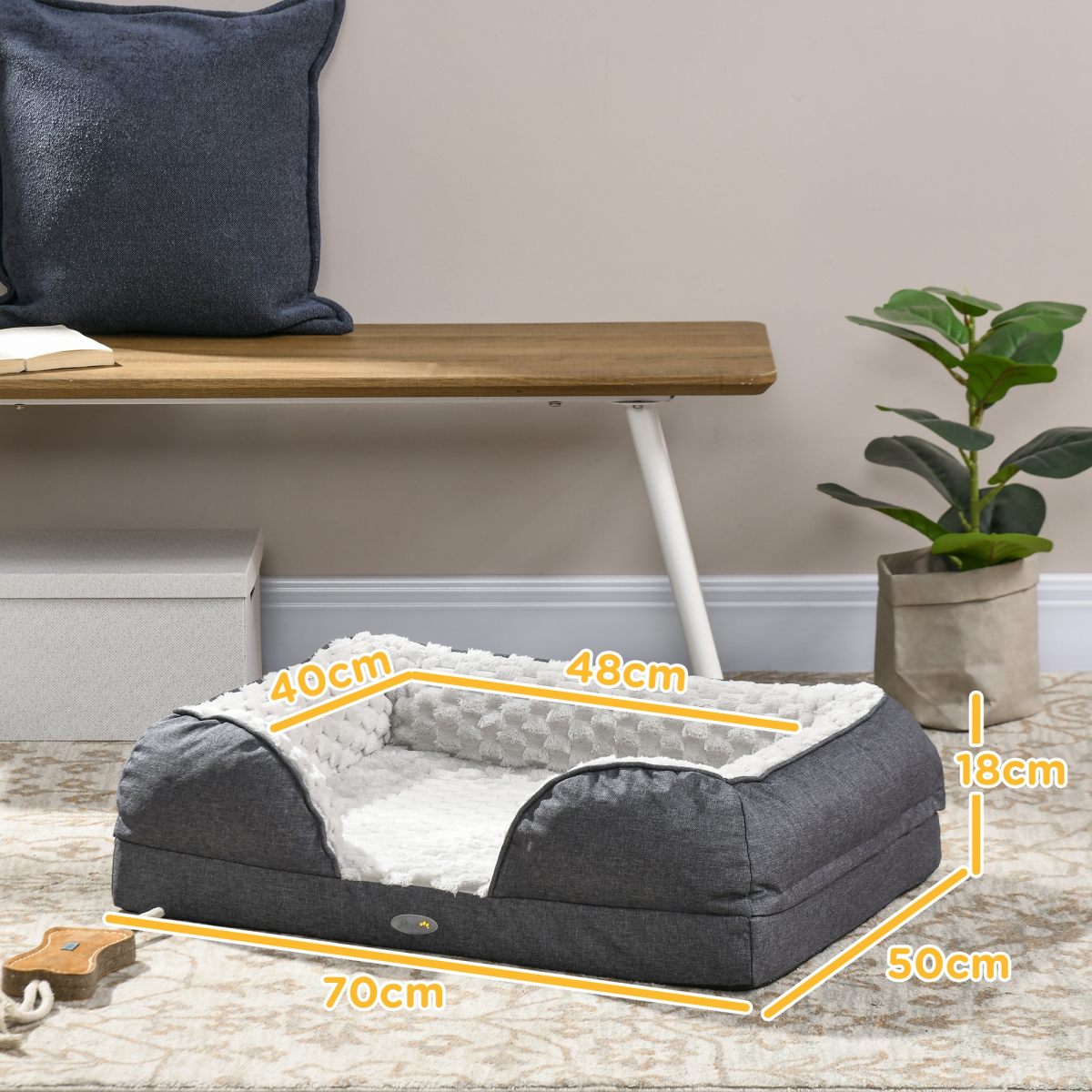 PawHut Calming Dog Bed Pet Mattress W/ Removable Cover, Anti-Slip Bottom, For Small Dogs, 70L X 50W X 18Hcm - Charcoal Grey