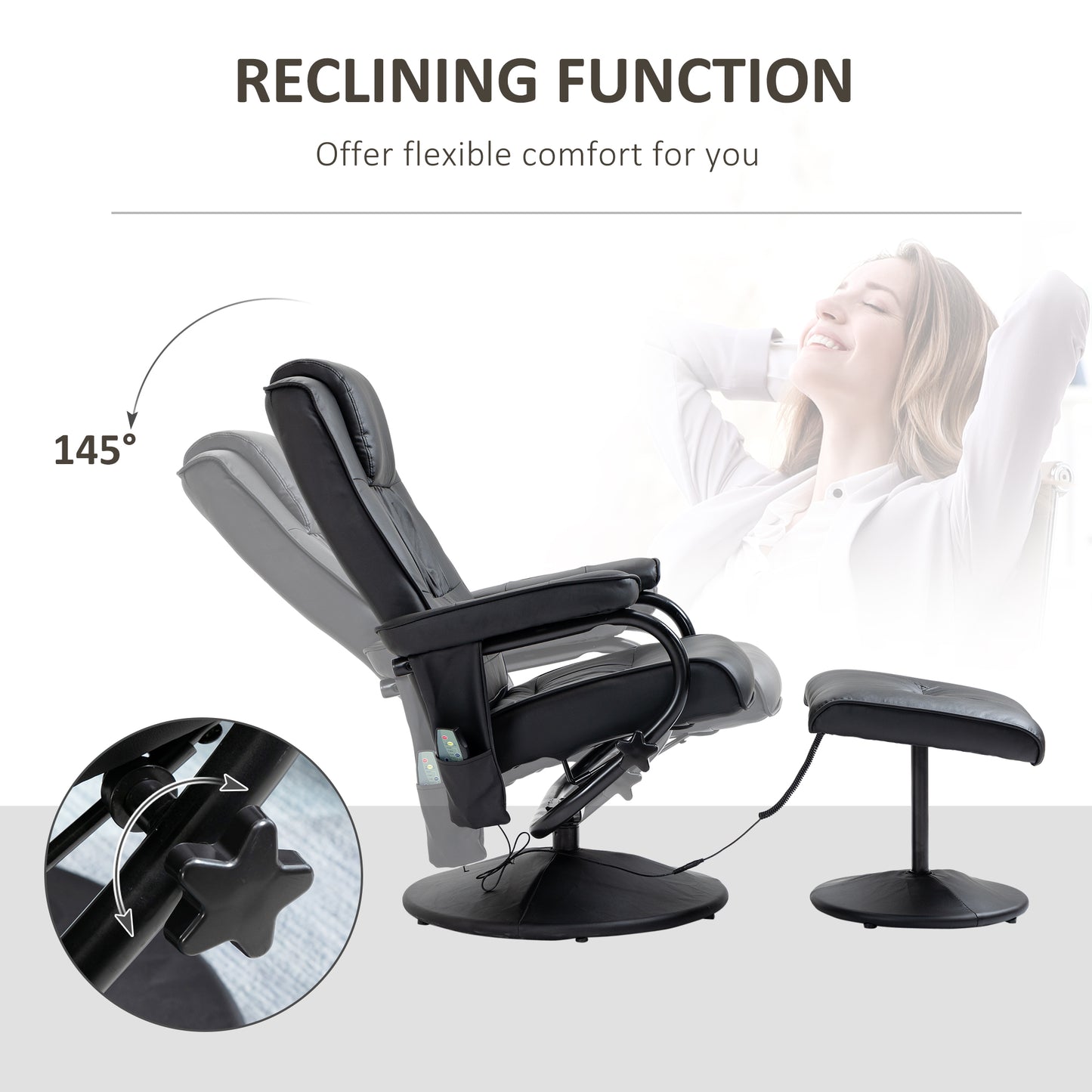 Swivel Recliner Chair And Footstool, Faux Leather Massage Recliner Armchair With Remote Control And Round Wrapped Base, Black
