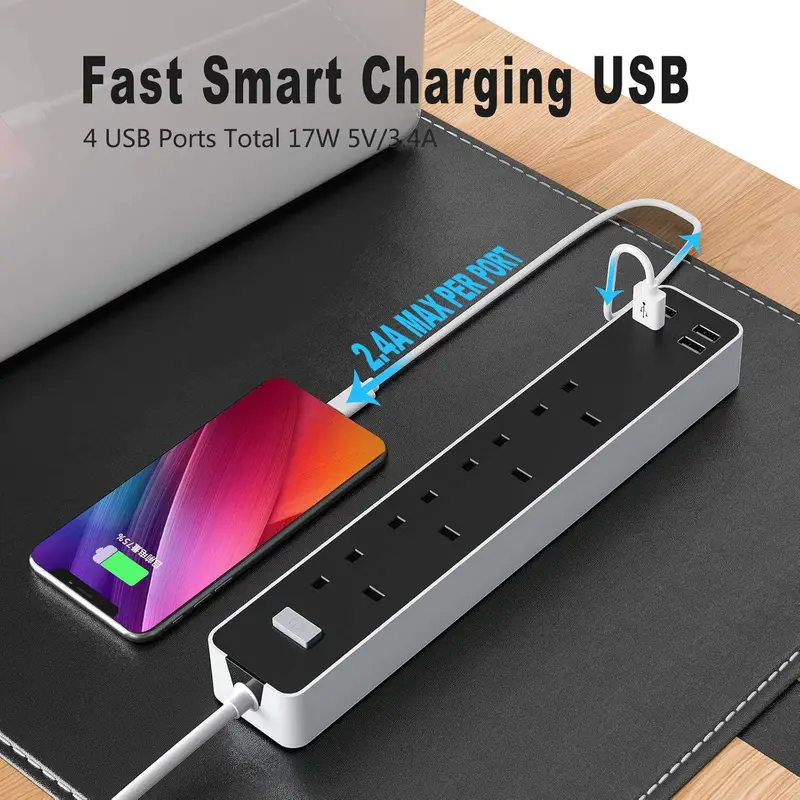 4-Socket Extension Lead With 4 USB 3.4A Smart Fast Charging Total Control 13A 3120W 1.6m Cord Fireproof PC & ABS UK