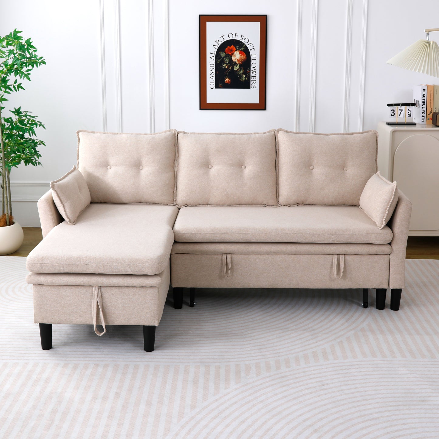 L-Shaped Reversible Chaise Sectional Sofa With Storage - Cotton-Linen, Beige, Office & Apartment Ready
