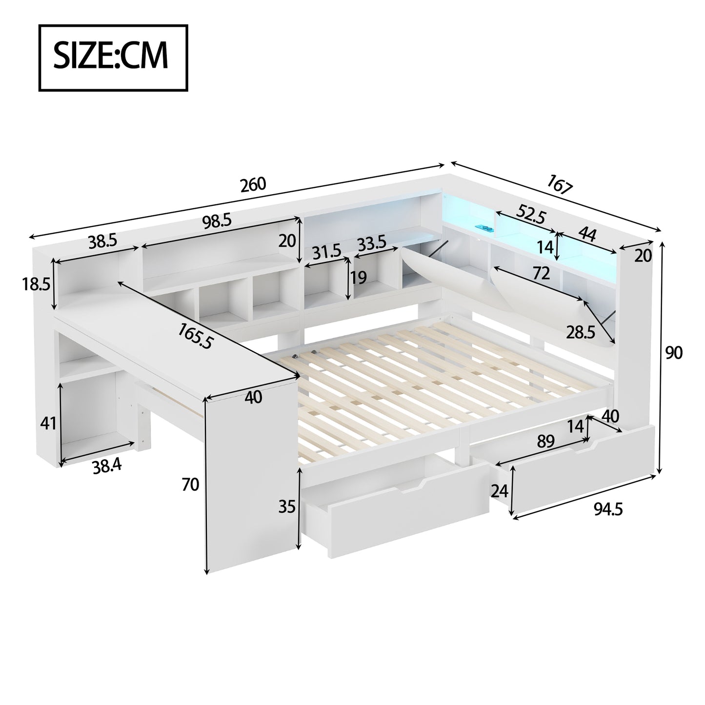 140x200 L-Shaped Wooden Platform Bed With Desk And Bookcase, Corner Captain's Bed With Upholstered Headboard, Under-Bed Drawers, LED Light - White