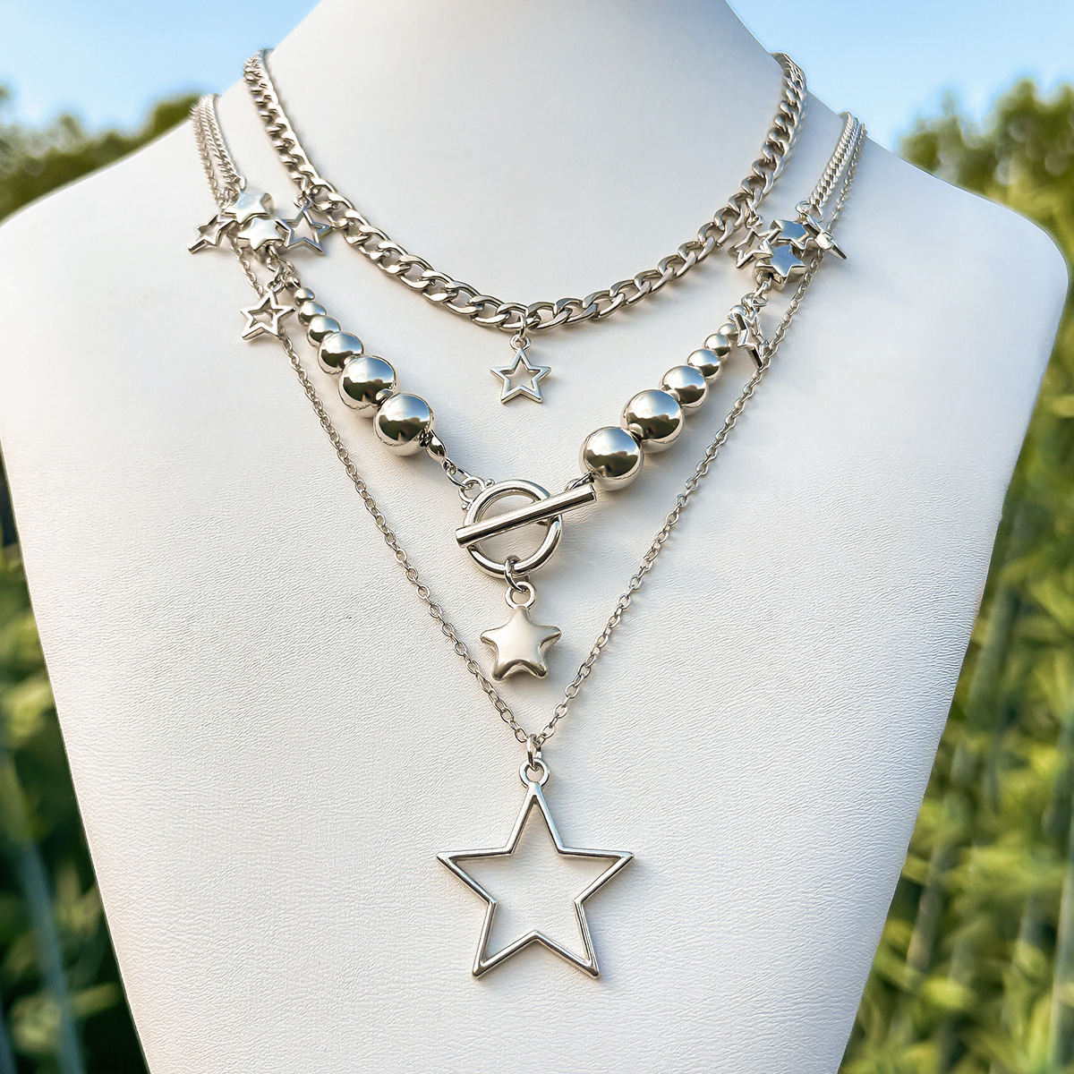 Cross-border European American Hip-hop Hot Girl Style Jewelry Set, Star Pendant Necklace With CCB Round Bead Metal Chain Women Neck Accessories