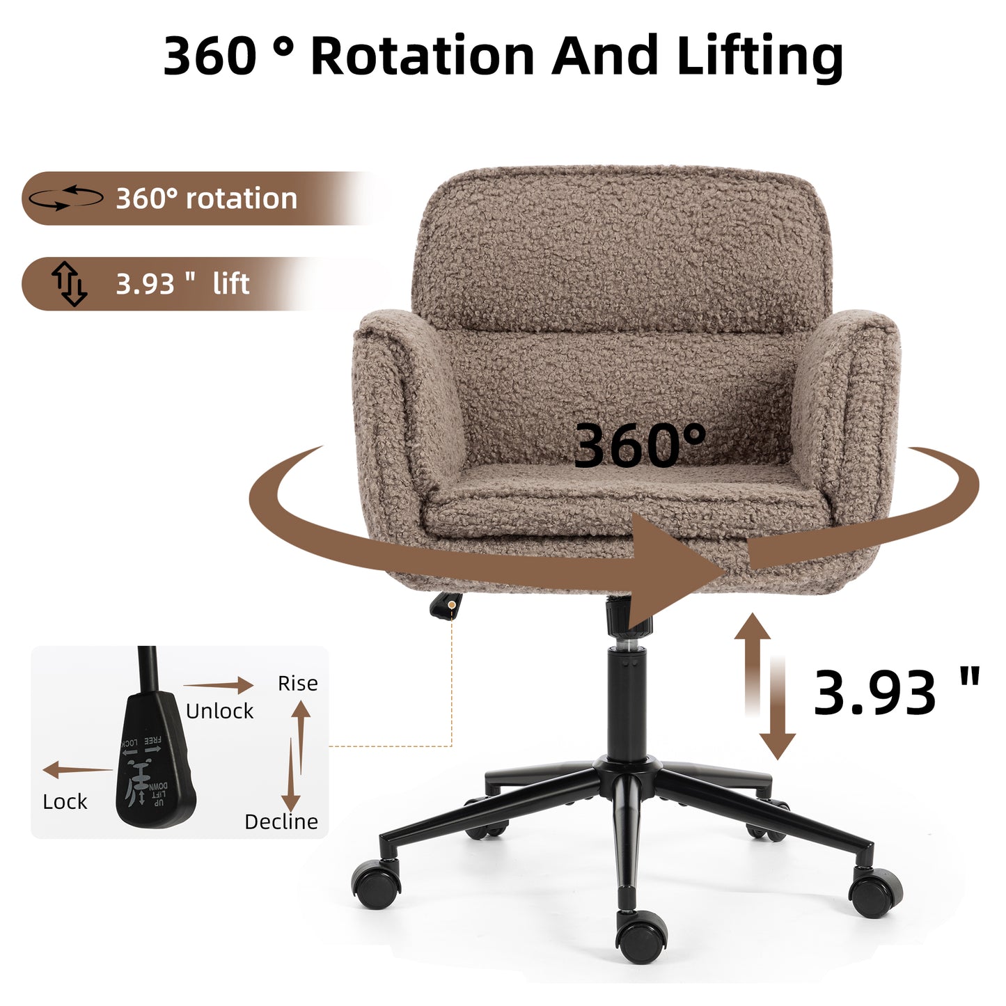 Criss Cross Chair With 5-Gear Adjustable Armrests & Wheels, Ergonomic Thickened Backrest Swivel Desk Chair For Home Office, Vanity, Bedroom And Living Room,brown Teddy Fleece
