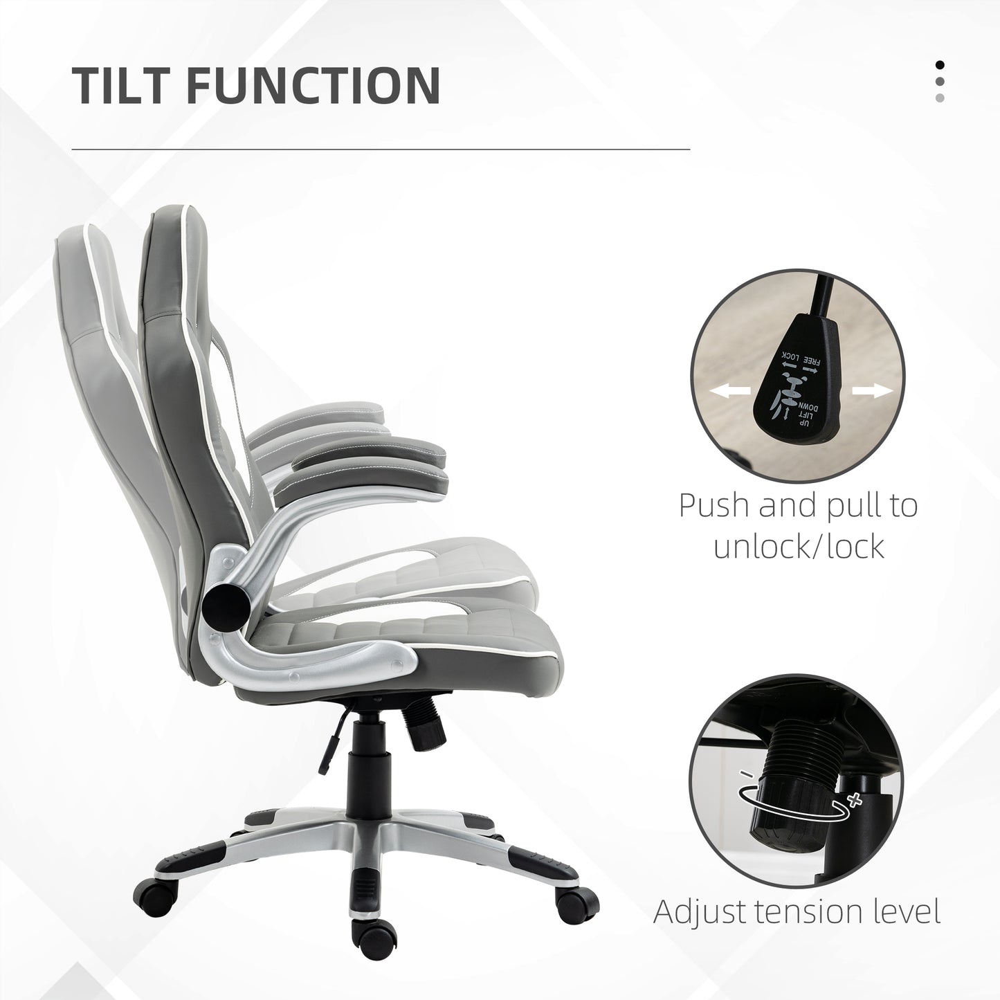 Vinsetto Computer Gaming Chair, Office Desk Swivel Chair, PU Leather Racing Chair With 90° Flip-up Armrest, Adjustable Height And Rolling Wheels, Grey