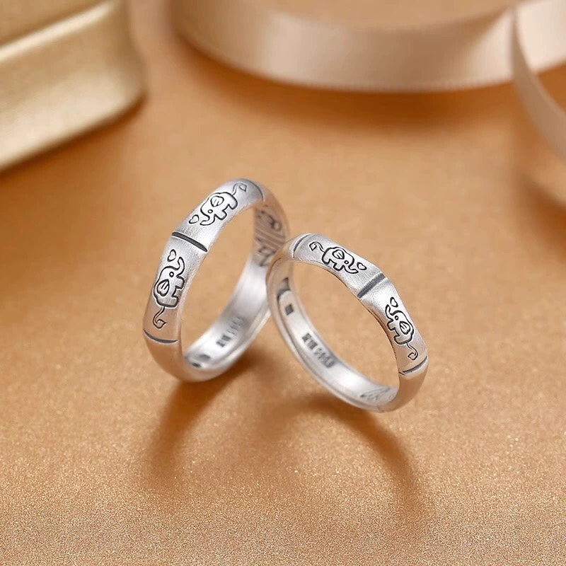 Set Of 2 999 Sterling Silver Retro Elephant Bamboo Rings, Lucky Elegant Style, Ideal For Birthdays & Couple Gifts