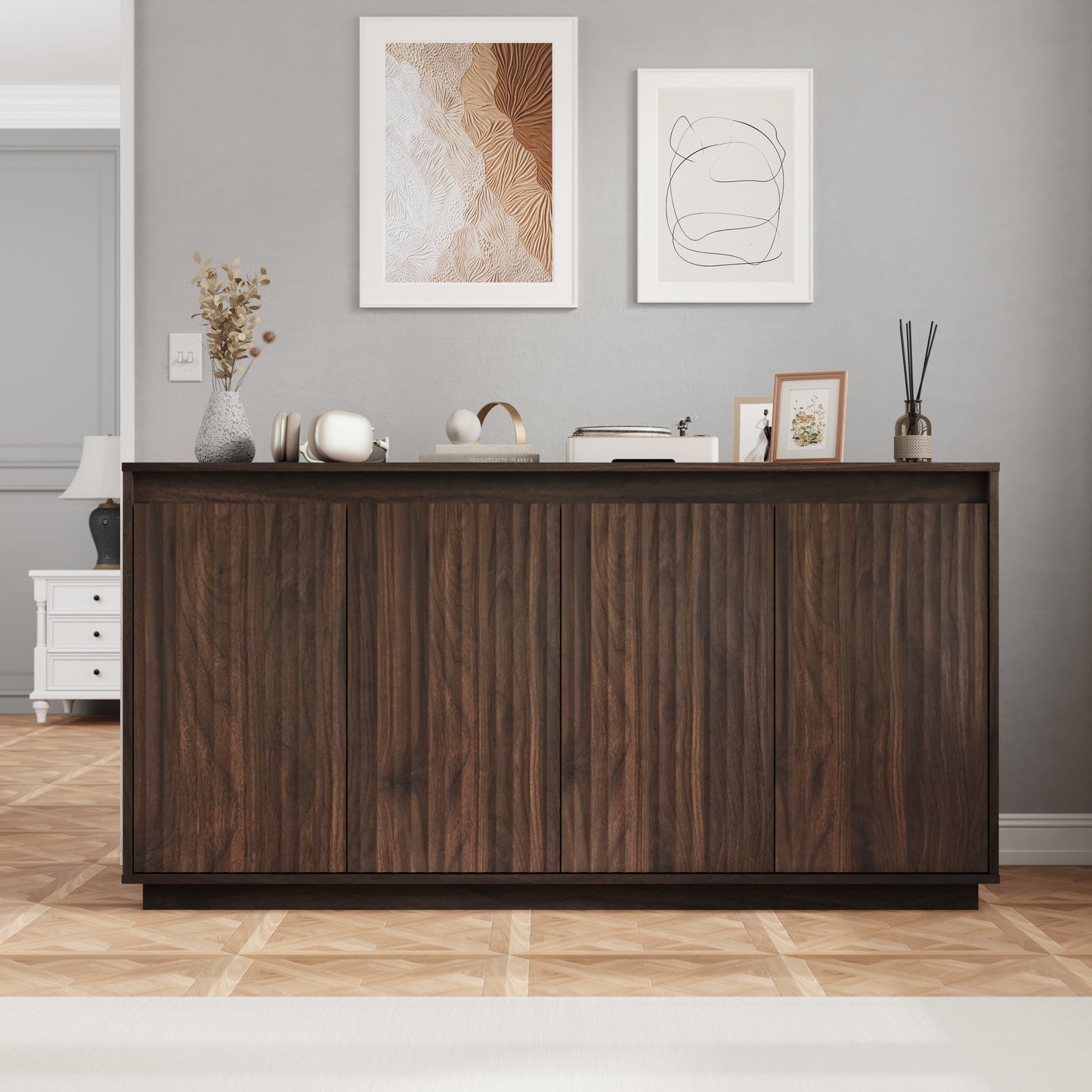 4 Door Walnut Wood Sideboard Buffet Cabinet With Power Outlet, Wavy Vertical Texture Accent Cabinet With No-Handle Design Door Top Edge As Handle , Freestanding Kitchen Storage Cabinet For Dining Roo