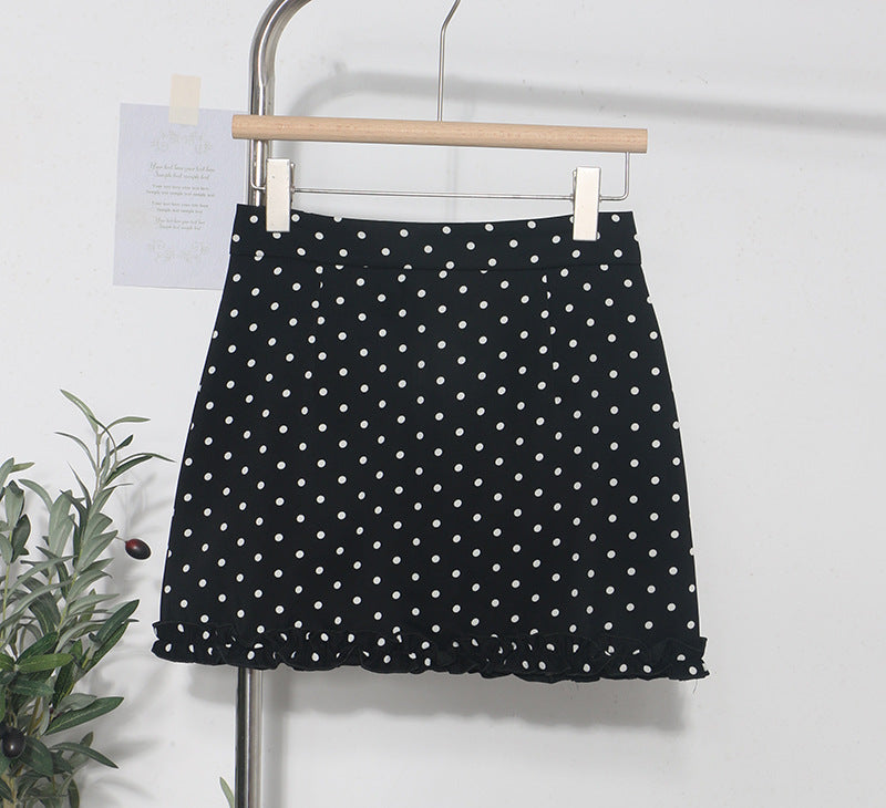Korean-style Fringed Hem Polka-dot High-waist Anti-exposure A-line Sheath Skirt
