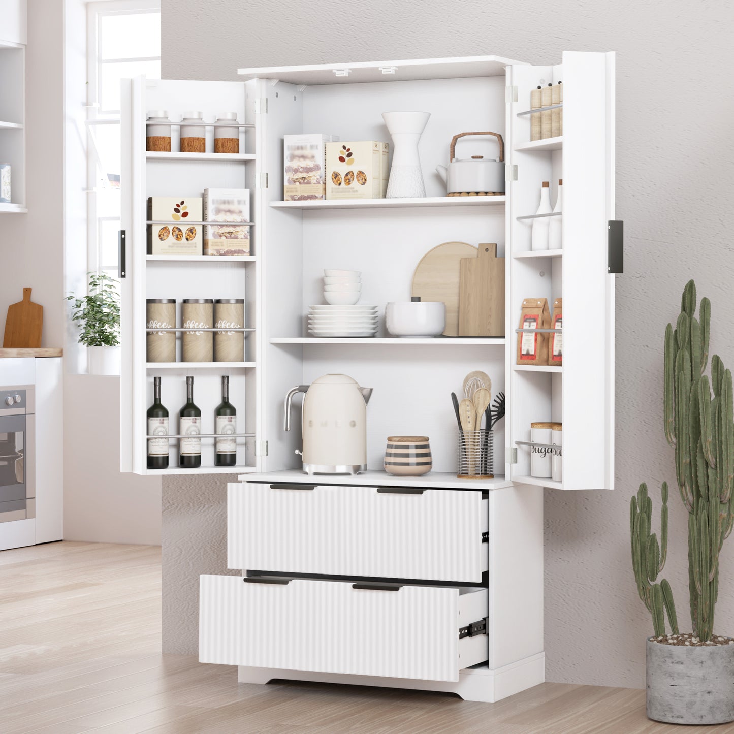 72 Modern Fluted Kitchen Pantry Cabinet With 2 Large Drawers & 8-Door Spice Rack, Freestanding Storage Organizer For Bathroom, Dining Room, Office, Entryway, White