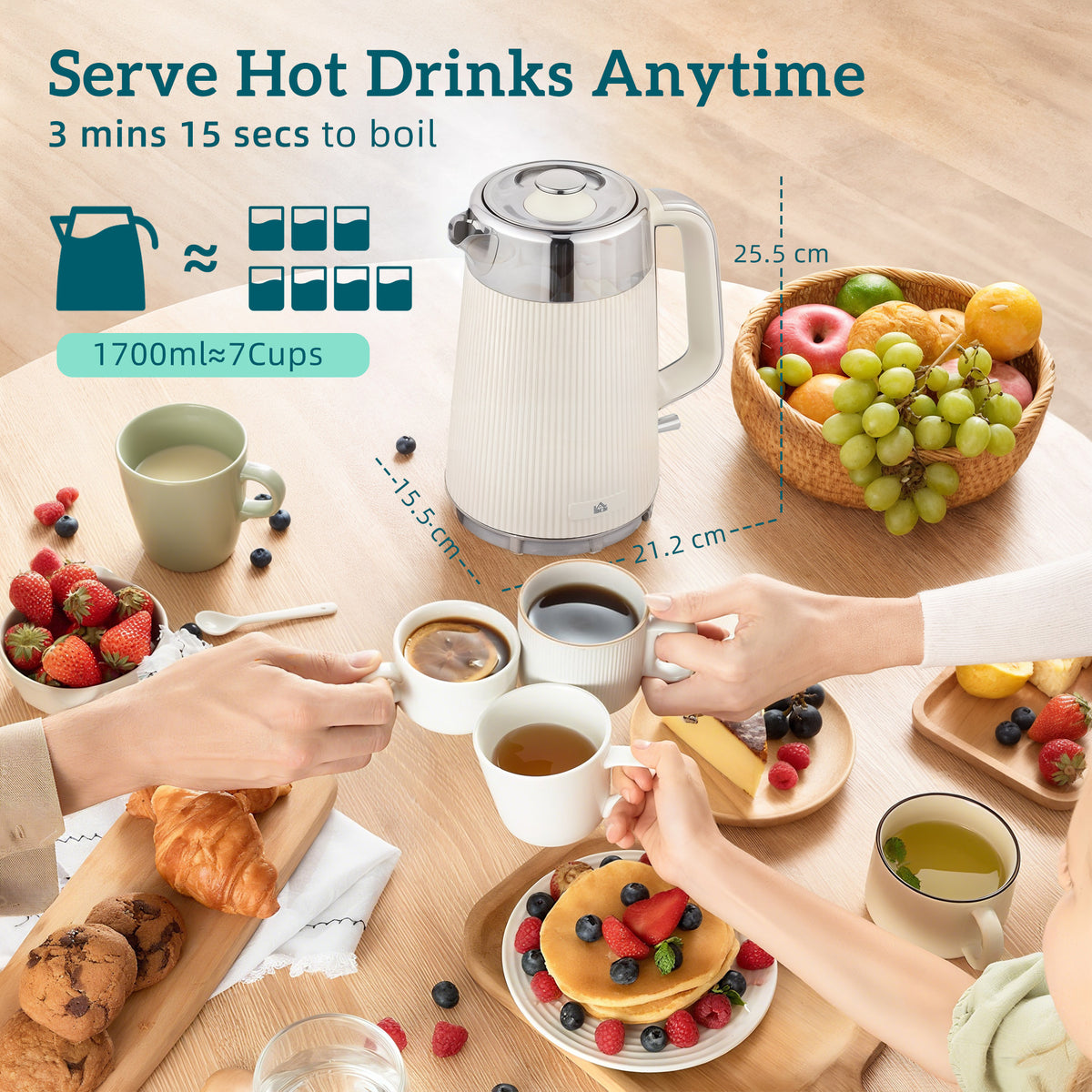 Electric Stainless Steel Kettle And Toaster Set, 3000W 1.7L UK Strix Thermostat Fast Boil Kettle W/ Limescale Filter, Cool Touch Body, 4 Slice Toaster With 7 Browning Levels, Crumb Tray, Cream