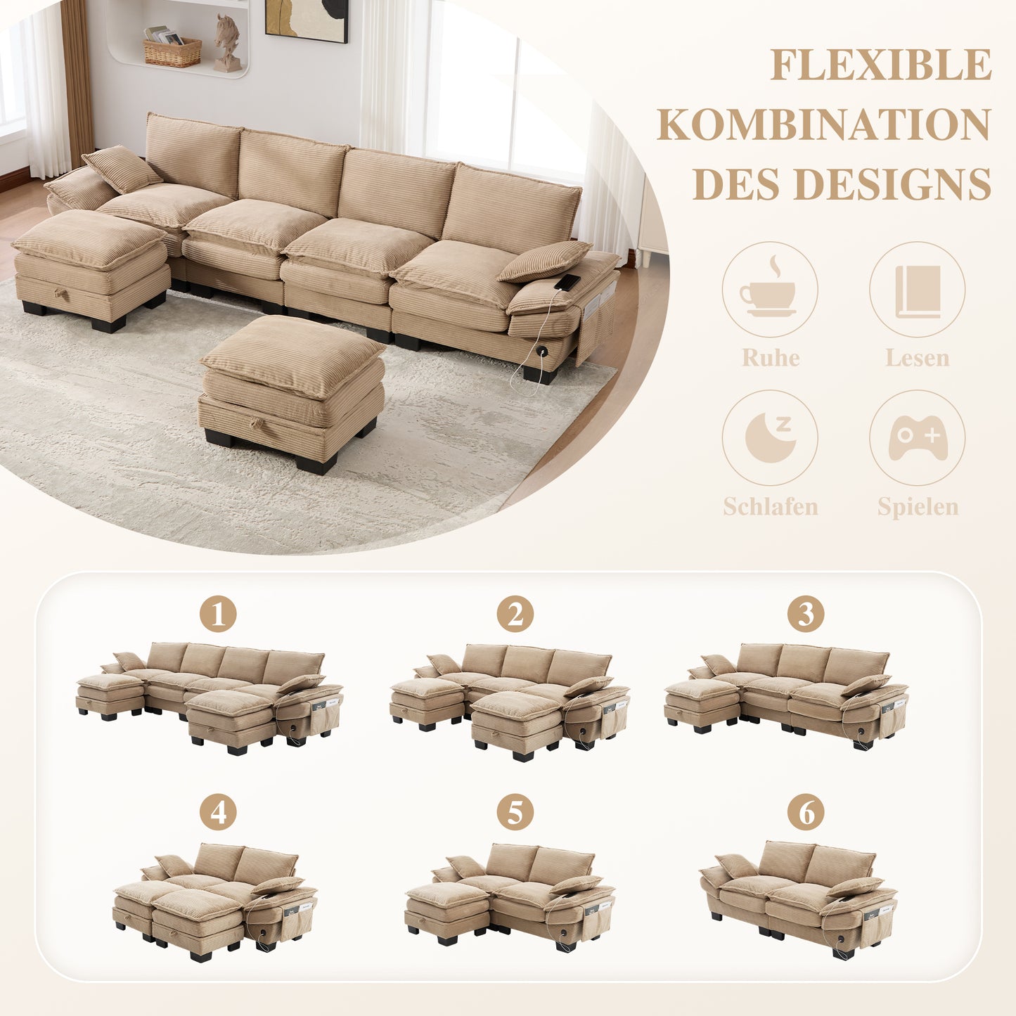 Modular 4-seater Corduroy Sofa With 2 Stools Wide Seat, Ergonomic Design, High-density Foam Padding, USB-C Port And Side Pockets. Ideal For Living Room, Office Or Lounge.khaki