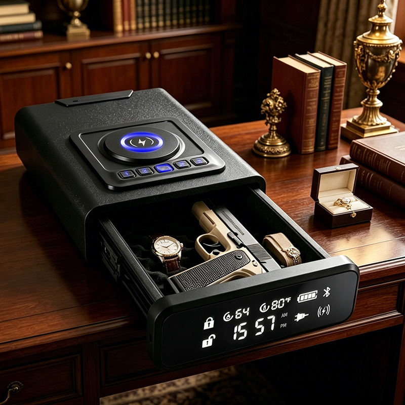 Smart Digital Handgun Safe Box With Wireless Charging Function, Multi Anti-Theft Metal Drawer Gun Storage Cabinet For Bedside Nightstand