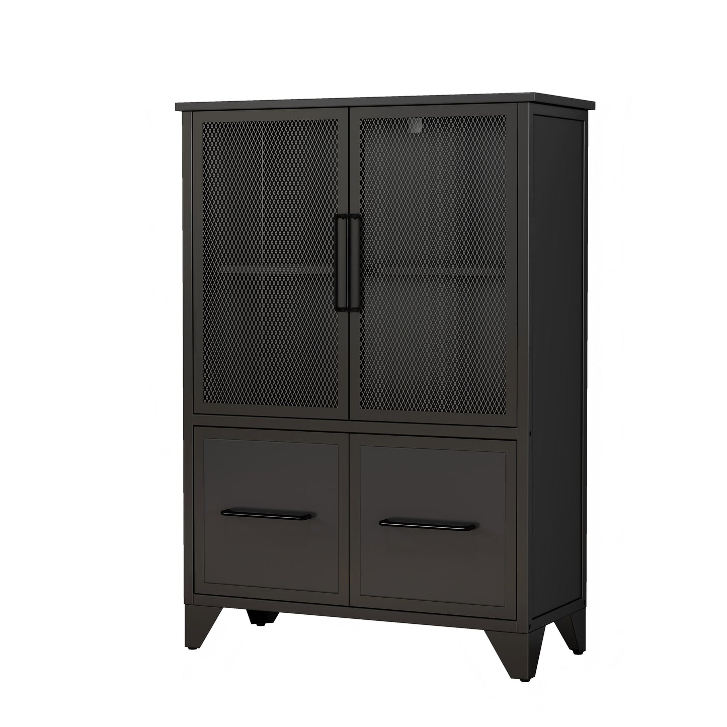 Storage Cabinet With 4 Iron Doors,Black Metal Handle,Sideboard With Adjustable Shelf,Black Sturdy Metal Frame And Metal Legs,Easy Assemble,For Living Room,Kitchen,Black