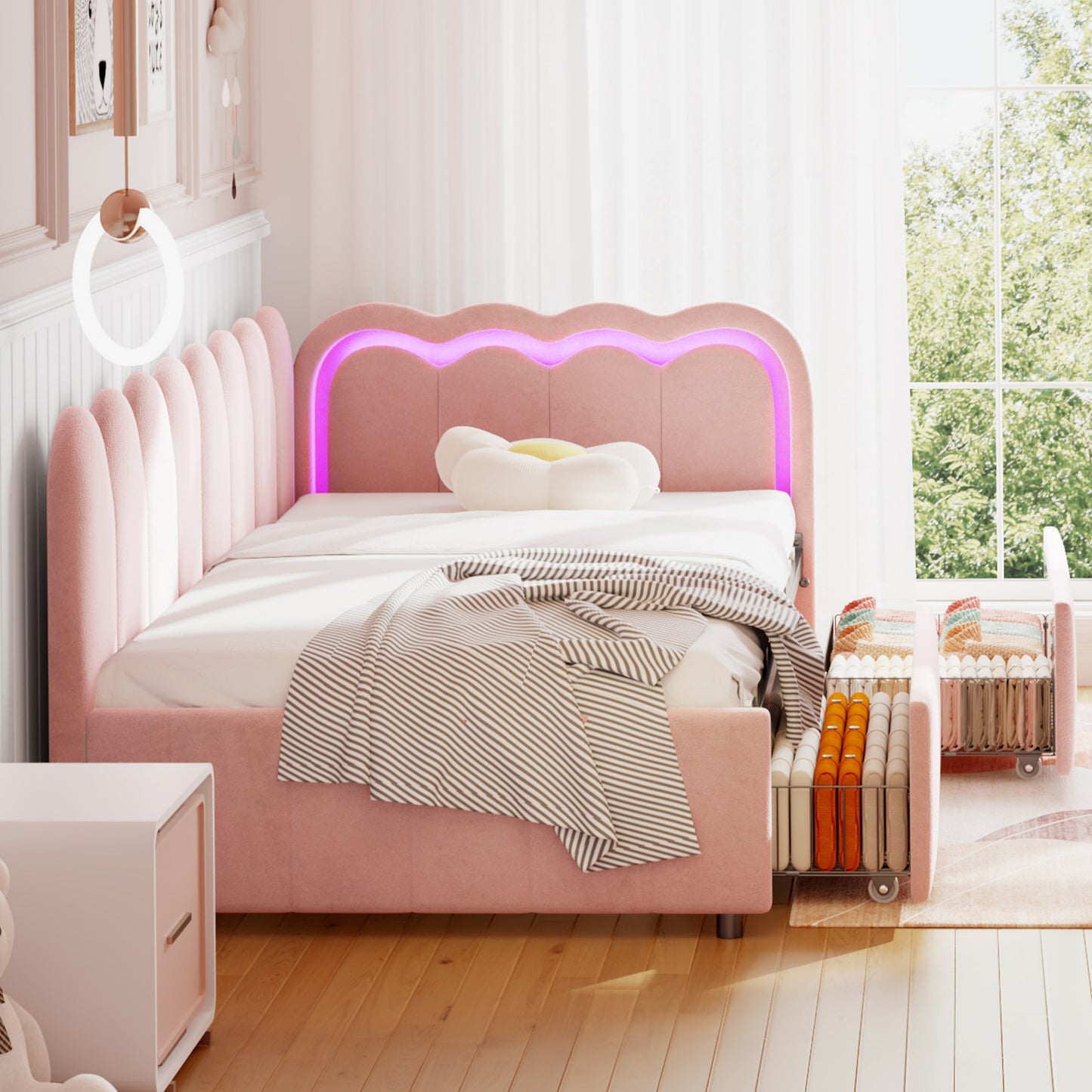 3ft Single Daybed With Smart RGB LED Lights And 2 Storage Drawers, Modern Velvet Youth Bed With Scalloped Backrest And Wooden Slats, Reversible Side Panel, Easy Assembly, Pink No Mattress