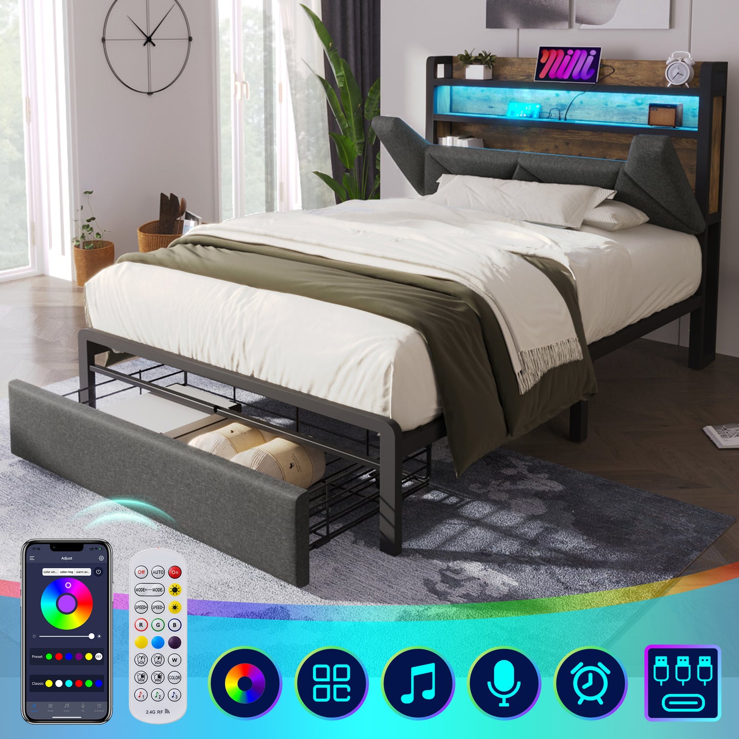 Upholstered Bed With USB Type-C Charging Function Storage Headboard And LED Lighting And Drawers, Single Bed 90 X 200 Storage Beds Bed Frame With Metal Frame Slatted Frame, Grey Without Mattress