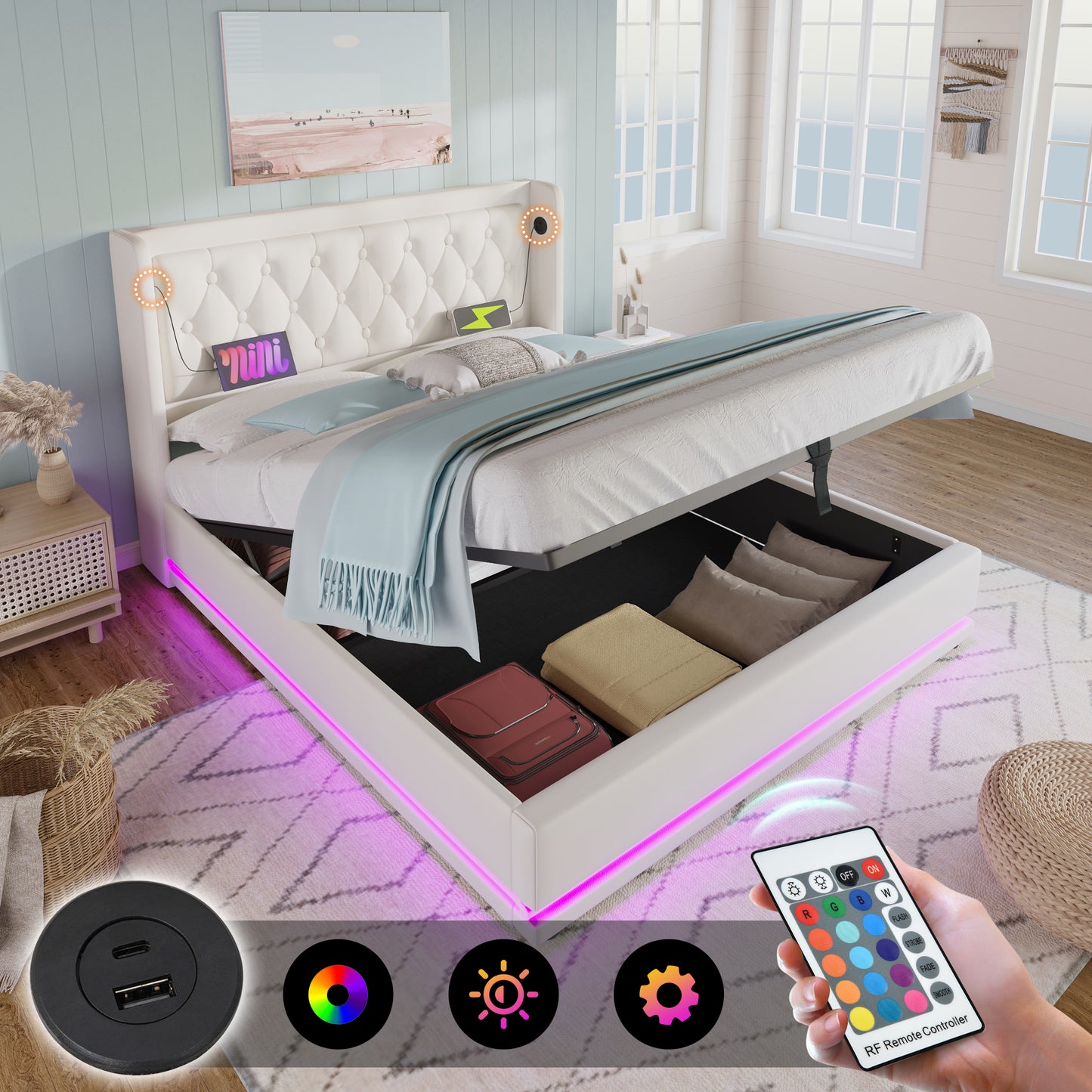 Upholstered Bed Double Bed 180x200 Cm,White PU Material Hydraulic Storage Bed, Upholstered Headboard With USB Type-C Charging Function, 3-Sided LED Function Without Mattress