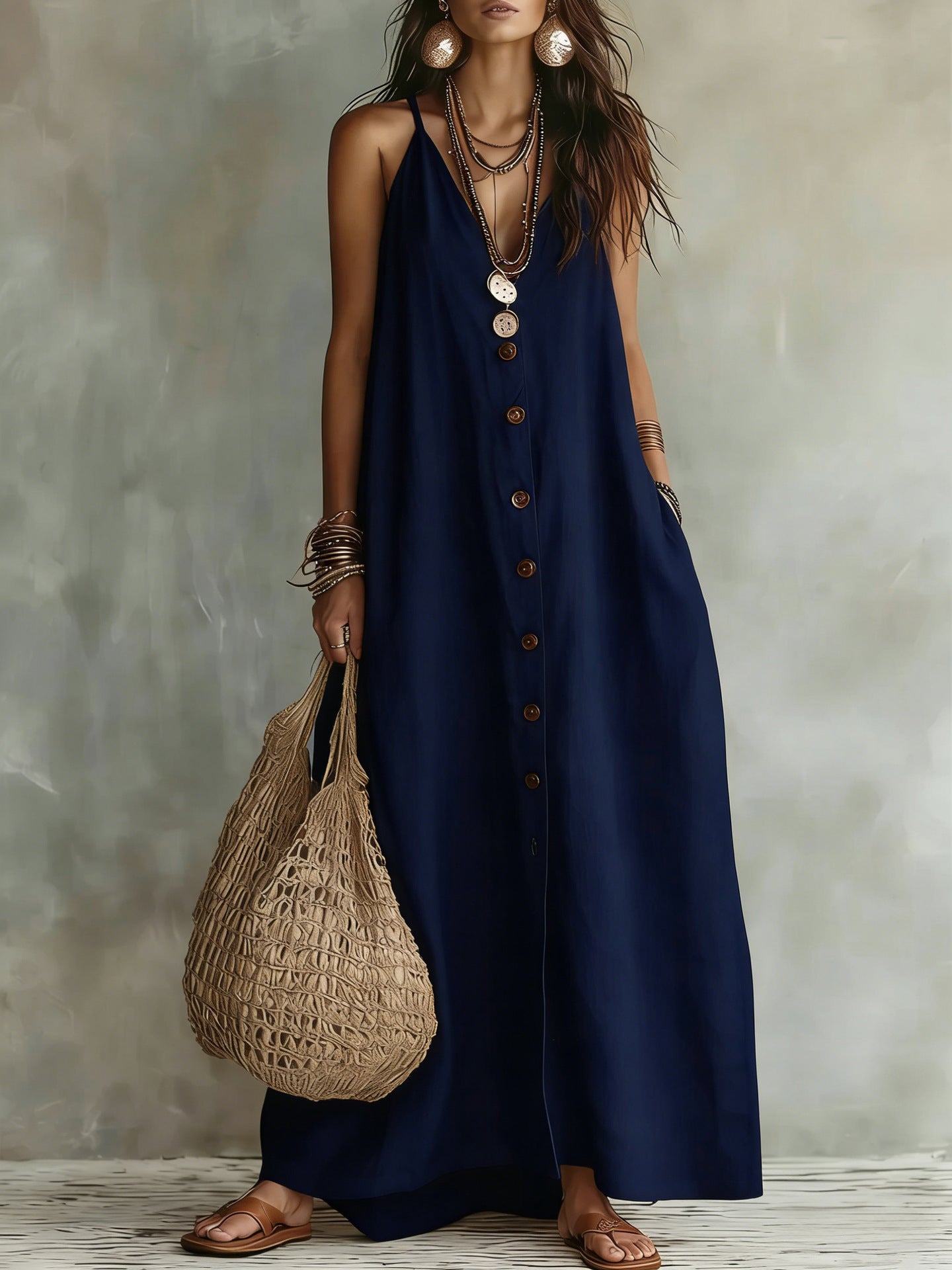 Fashion Casual Women Long Dress Solid Color With Buttons