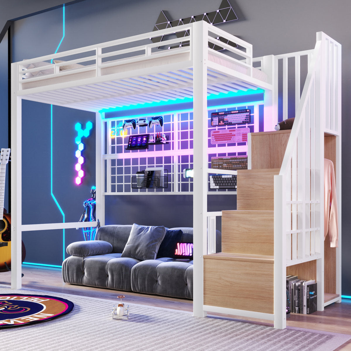 Loft Bed, 90 X 200cm, Iron Frame, Wardrobe, Storage Ladder, Grid For Hanging Objects, Open Space Under The Bed, 7-colour LED Lights, Without Mattress, White