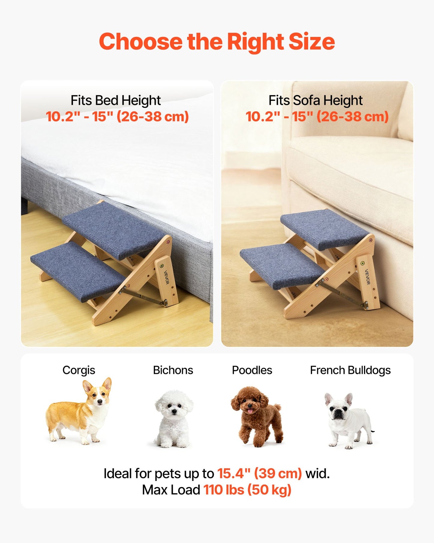Wood Pet Stairs, 2-Step Dog Stairs For Beds, Sofa & Cars, 110lbs Load Capacity, Floded Flat Design, Stable & Sturdy Cat & Dog Step Ladder For Small Medium Large Older Pet Puppy Essentials