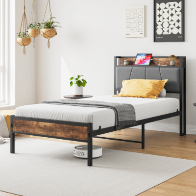 Twin Size Bed Frame, Storage Headboard With Charging Station, Solid And Stable, No Box Spring Needed, Easy Assembly