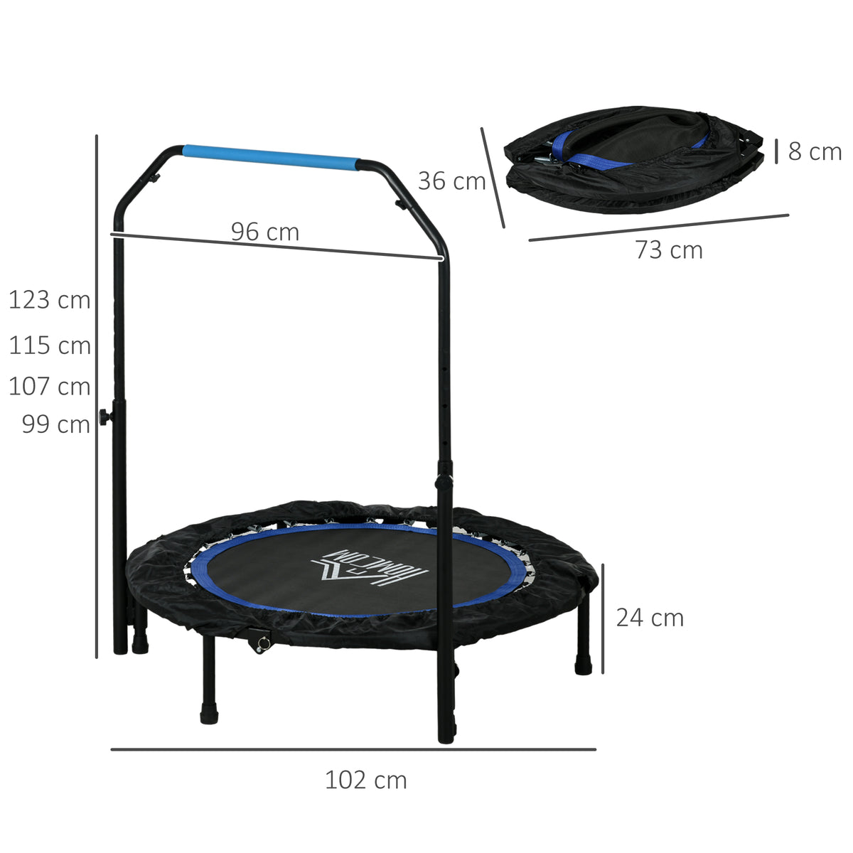 40" Foldable Mini Fitness Trampoline, With Adjustable Foam Handle, Blue