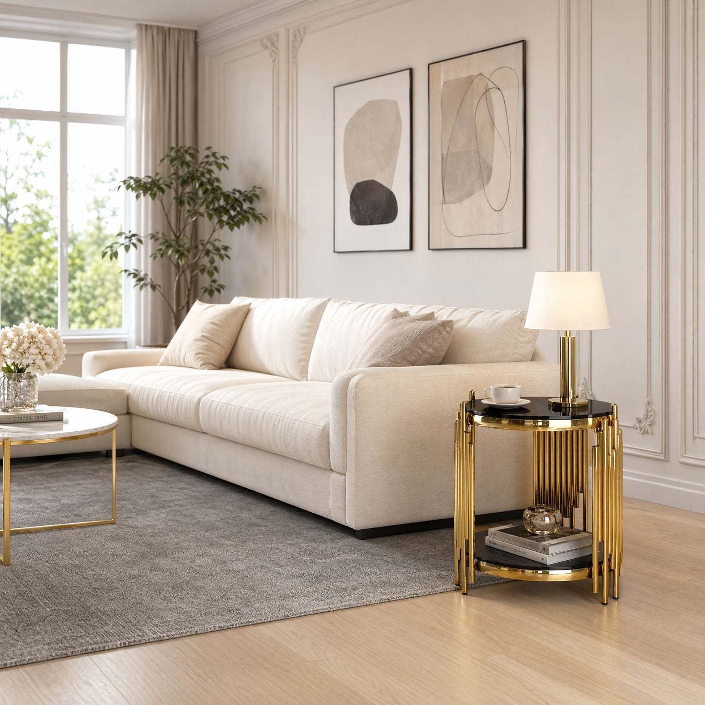 Modern Round Glass End Table For Living Room, Black And Gold Side Table Glass Top, Luxury Circle Tea Table With Stainless Steel Legs, Small Office Table, Sturdy Glass Top Bedside Table, Sofa Table