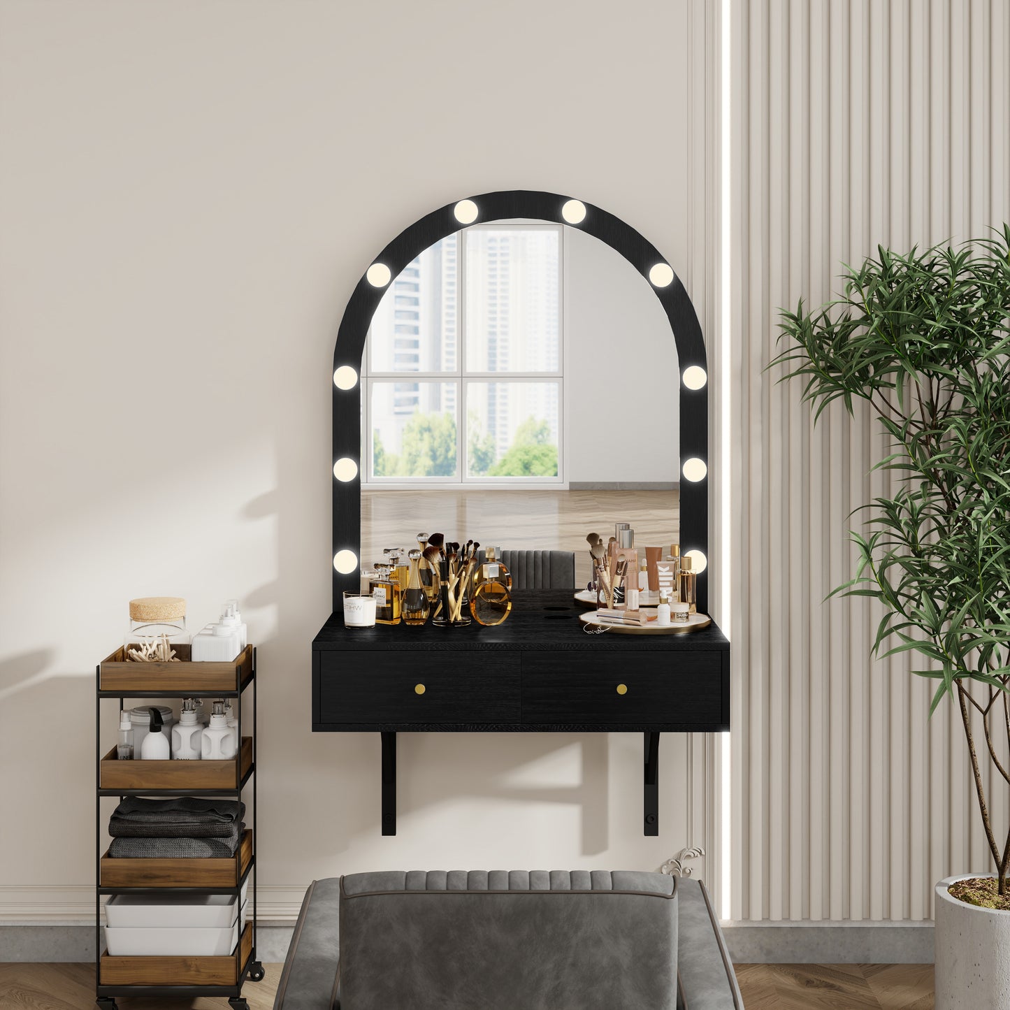 Floating Wall Mounted Makeup Vanity Desk With LED Mirror 3 Color Lights, Compact Dressing Table With Power Outlet & USB Charging, Space Saving Large Storage Vanity For Bedroom Bathroom, Black