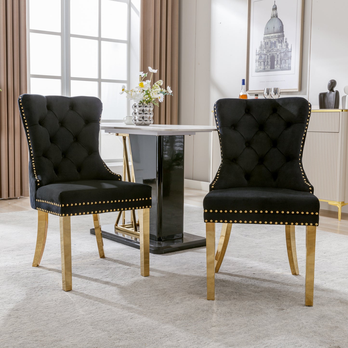 Dining Chair Kitchen Chair Living Room Chair With Unique Round Pull Rings On The Back, 2 Pcs, Upholstered Chair With Nailhead Trim, Gold Plated Stainless Steel Support Legs, Velvet, Black Gold