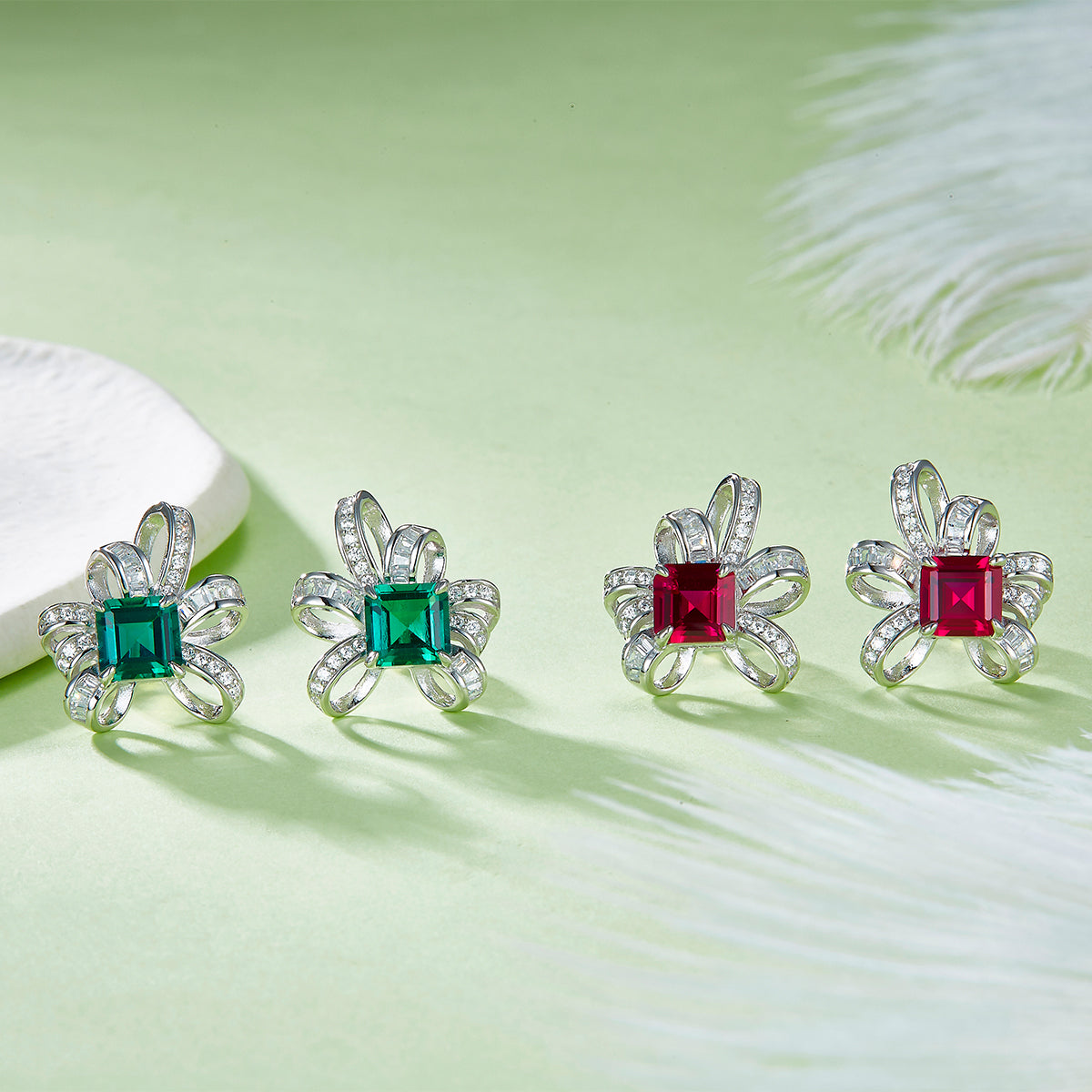 S925 Sterling Silver Bowknot Stud Earrings, 6x6mm Lab-Grown Ruby&Emerald With Mixed Pave Ribbon, Platinum Plated 3.2g Women's Jewelry Gift Box