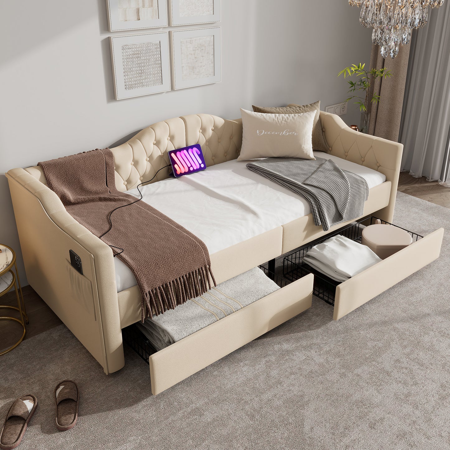 Upholstered Bed Daybed Sofa Bed Storage Beds Bed Frame With USB Type C Charging Function And 2 Drawers 90x200cm Velvet In Beige Velvet Without Mattress